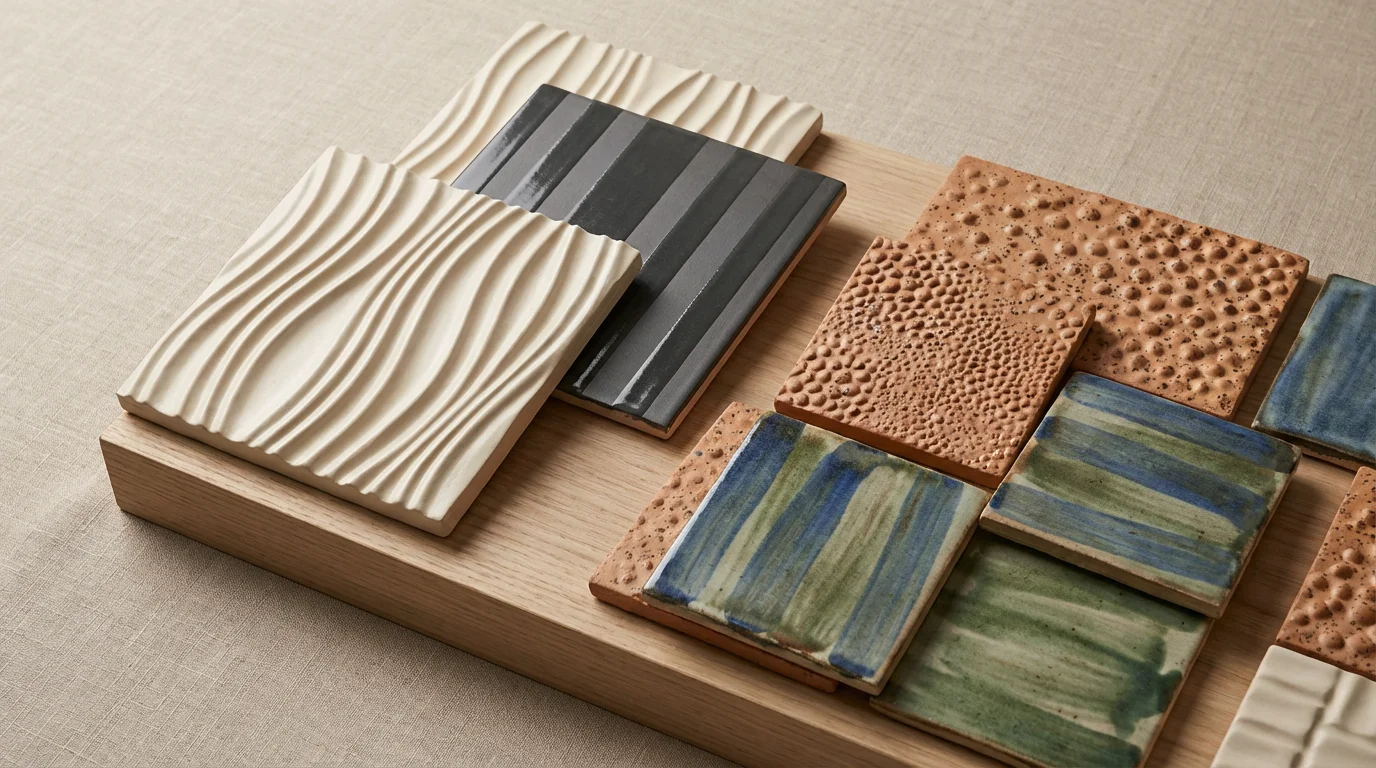 Innovative ceramic tile surface textures including 3D sculptural relief and glossy-matte contrast tiles