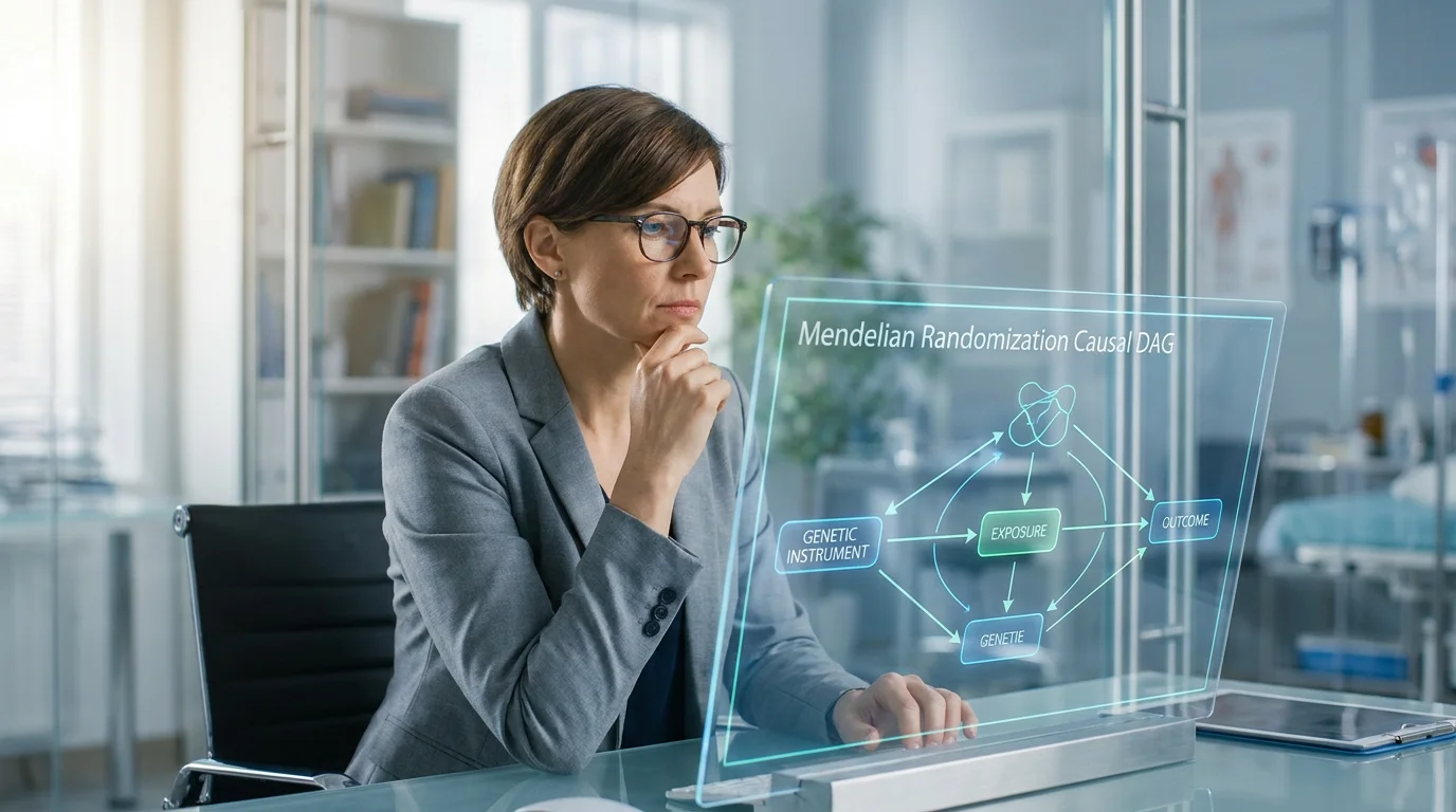 Researcher analyzing a causal DAG for Mendelian Randomization