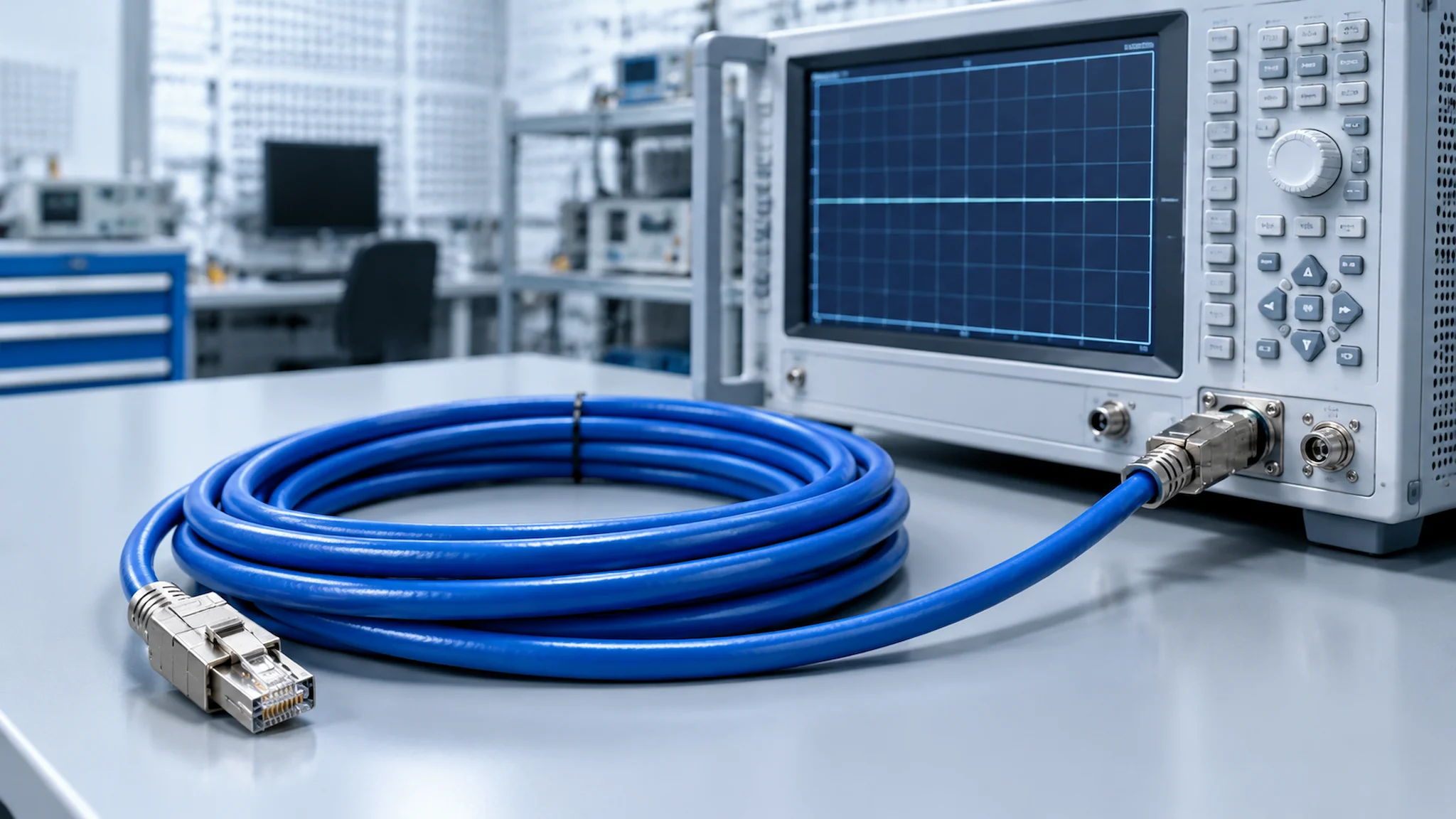 Shielded Cat 7A cable connected to a network analyzer in an EMC laboratory