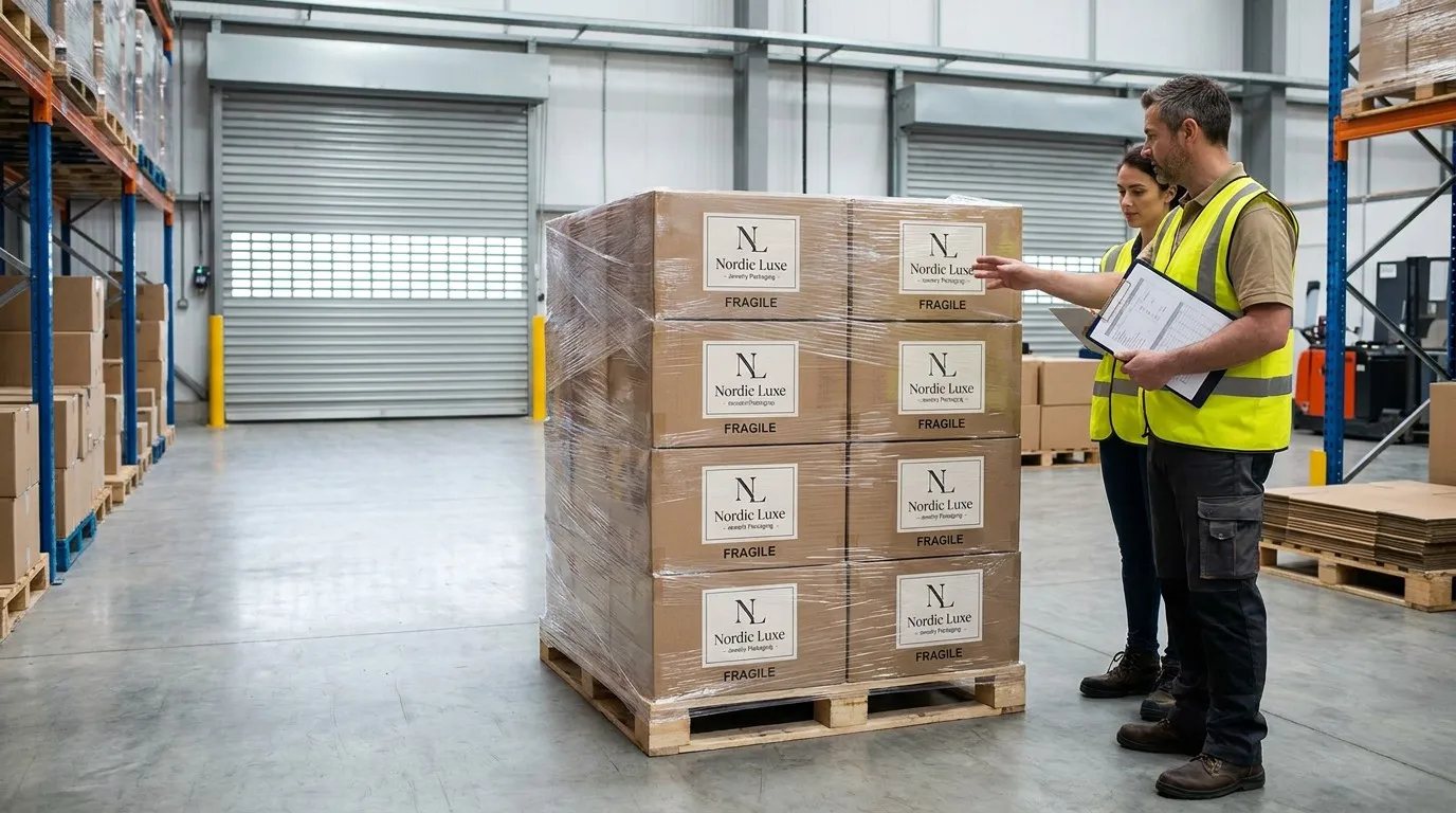 Professionally organized pallets of jewelry packaging arriving at an overseas warehouse.