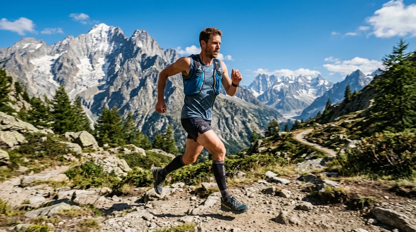 A strong, flexible athlete moving with ease on a mountain trail, showing the result of the Weekend Readiness protocol