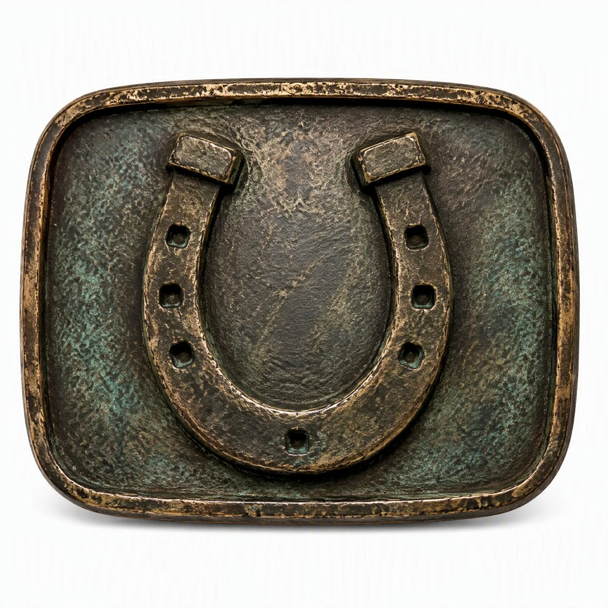 Antique weathered horseshoe belt buckle front view