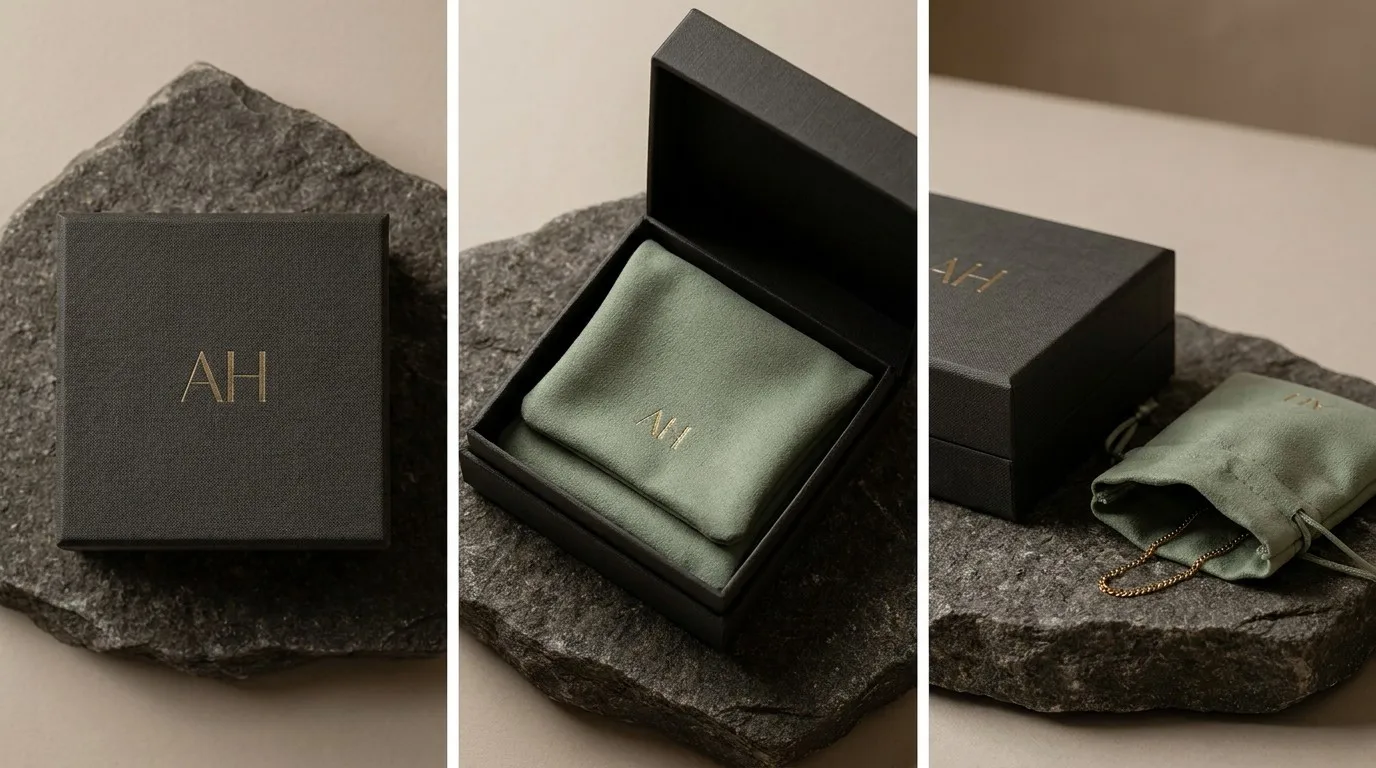 Finished multi-material jewelry packaging suite for Aura Heritage in linen-texture and sage green.