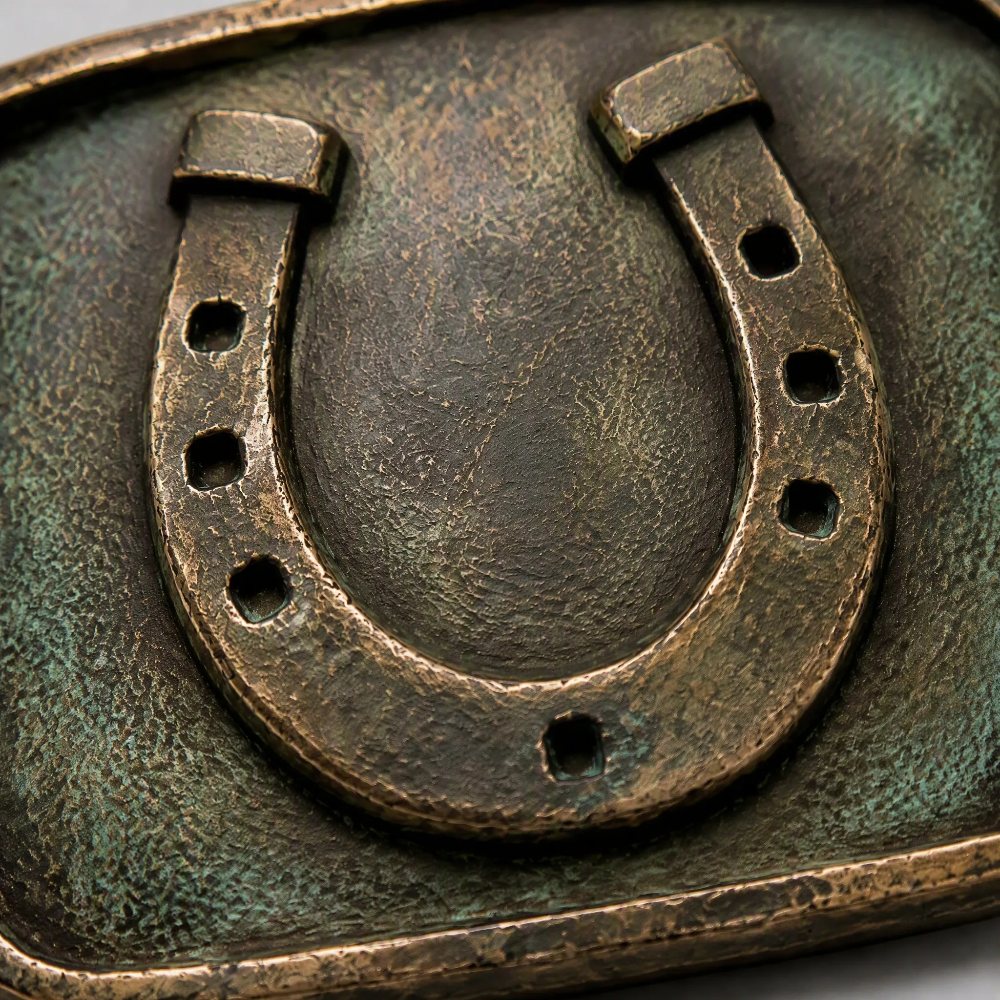 Macro detail of antique patina and horseshoe relief