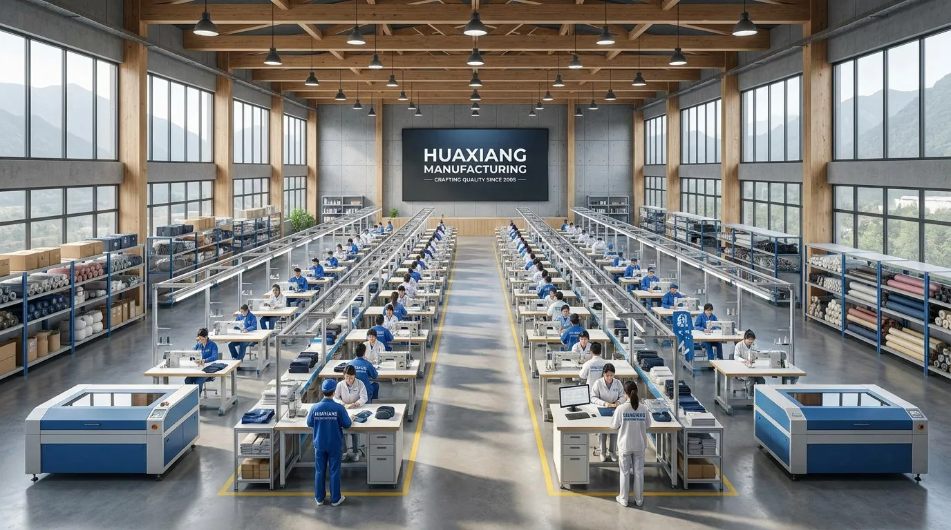 Wide-angle panorama of a modern professional cosmetic bag manufacturing factory in China