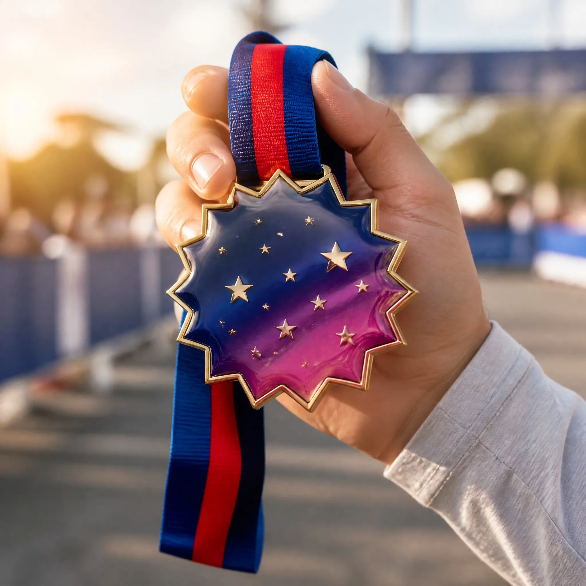 Glossy epoxy dome medal in hand