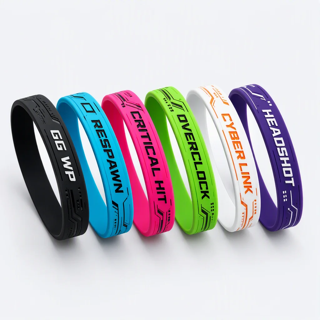 Assortment of esports tournament cyber silicone wristbands lineup
