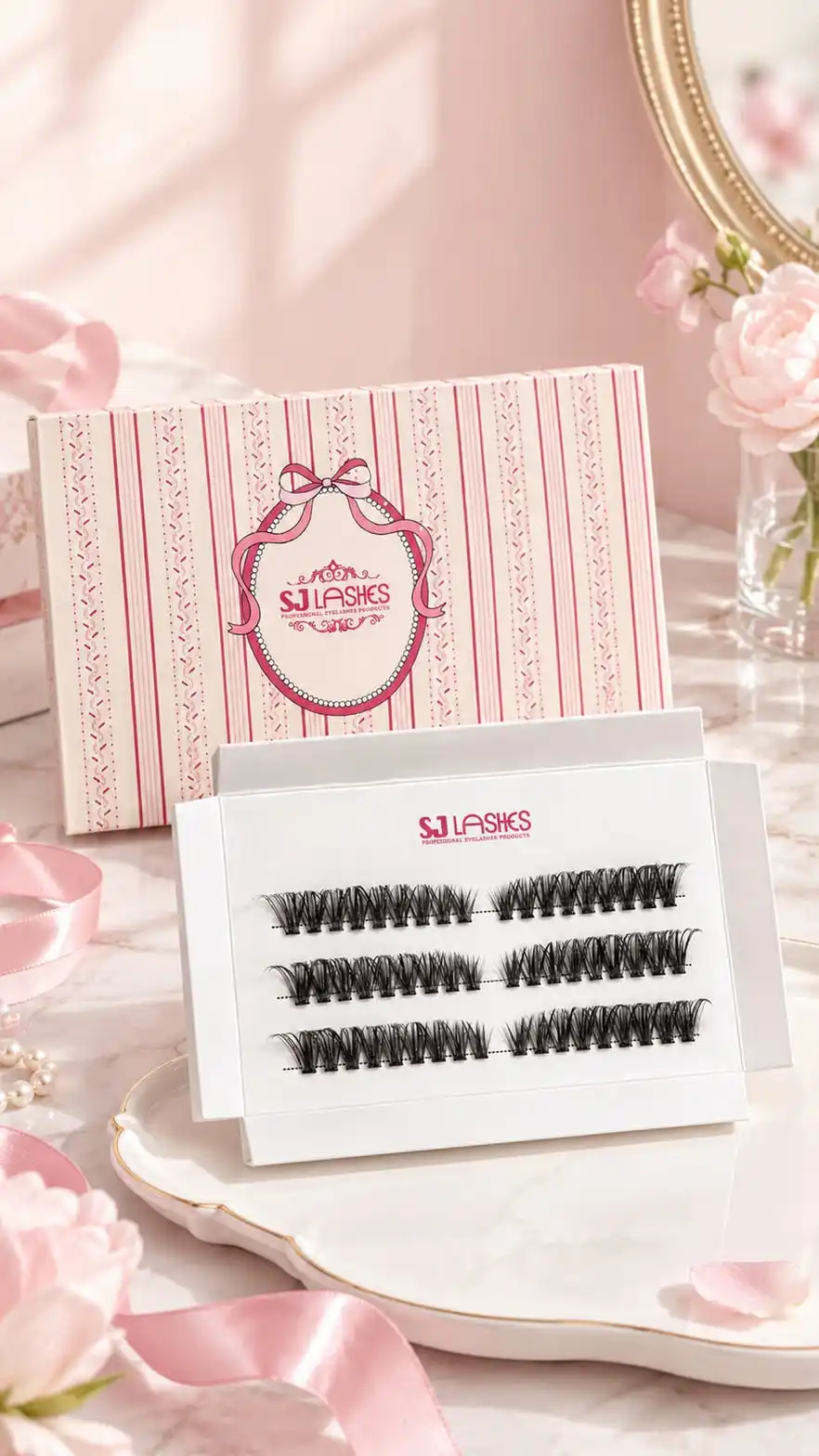 Pink lash box with striped card and sleeve styled with pink flowers, ribbon and pearls on a marble vanity, showing the brand medallion - premium lash packaging