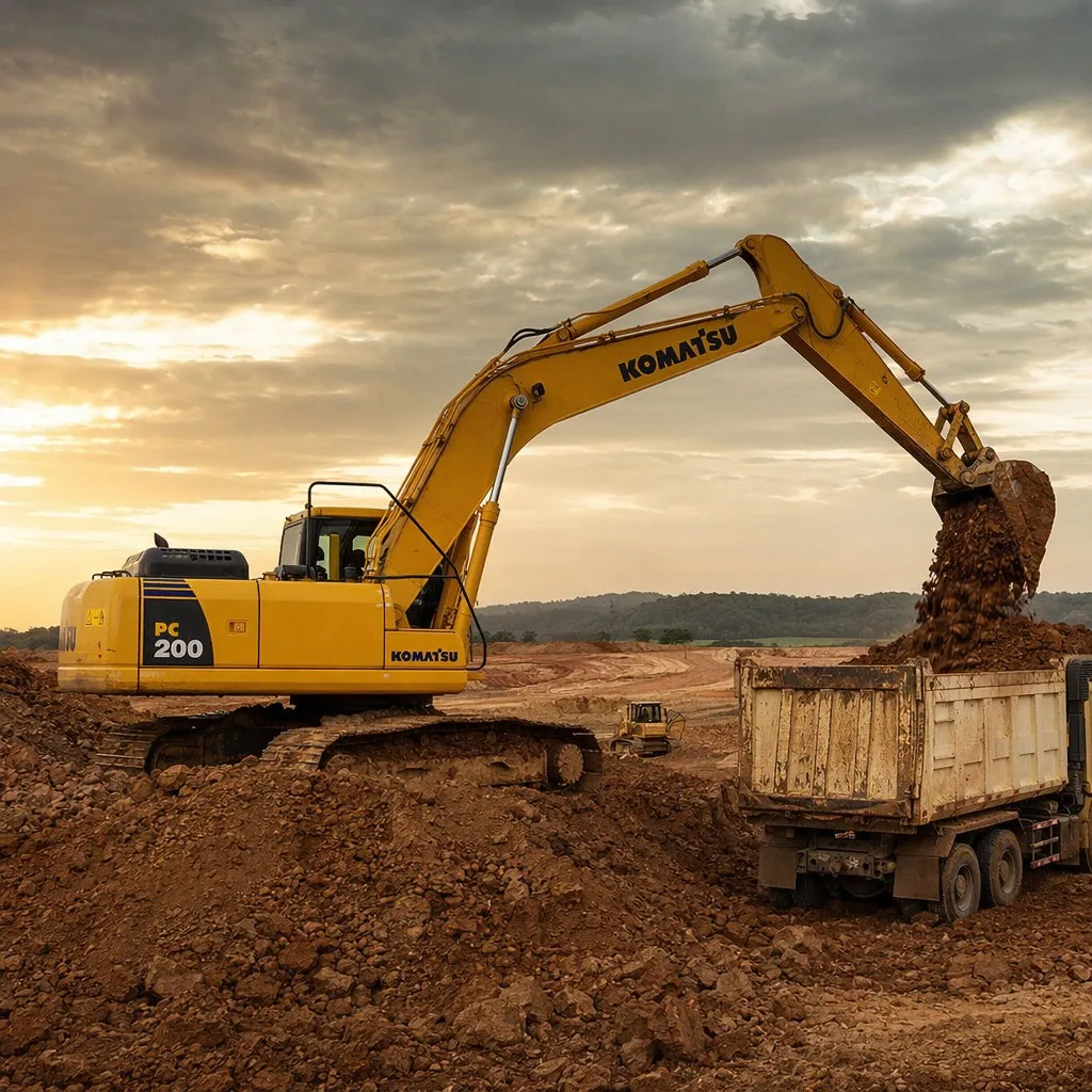 Komatsu PC200 excavator loading dirt in a large industrial earthmoving project