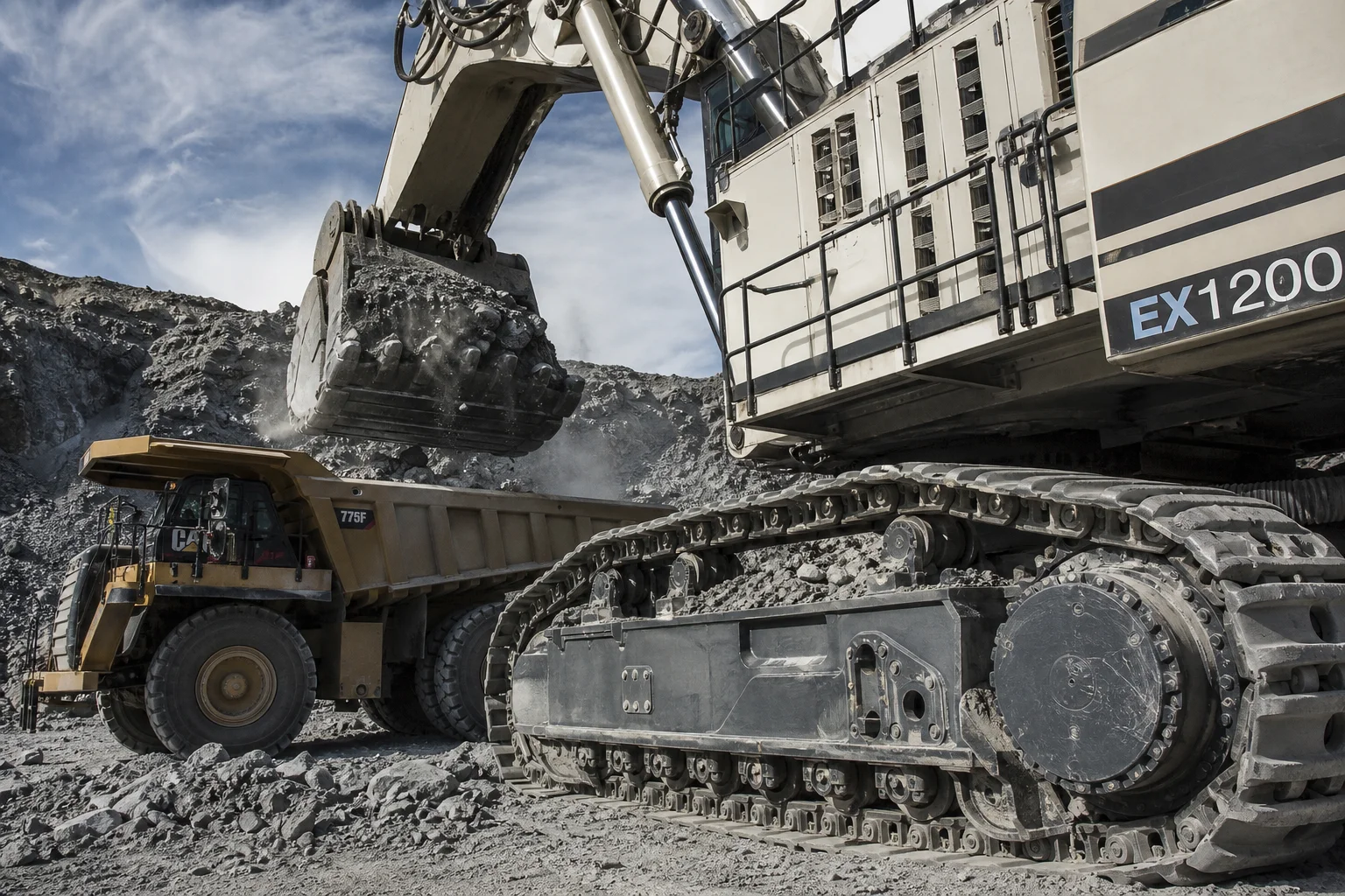 Heavy mining excavator and dump truck operating with ADI track shoes and suspension components