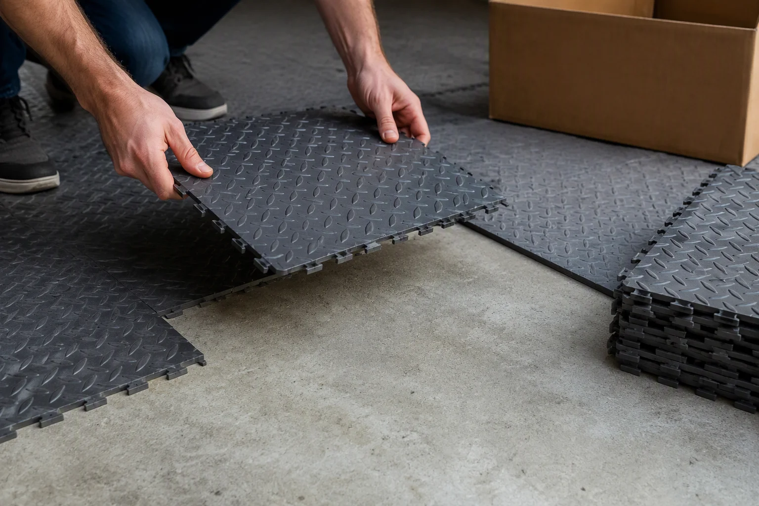 Lifting interlocking garage floor tiles off an undamaged concrete slab for moving