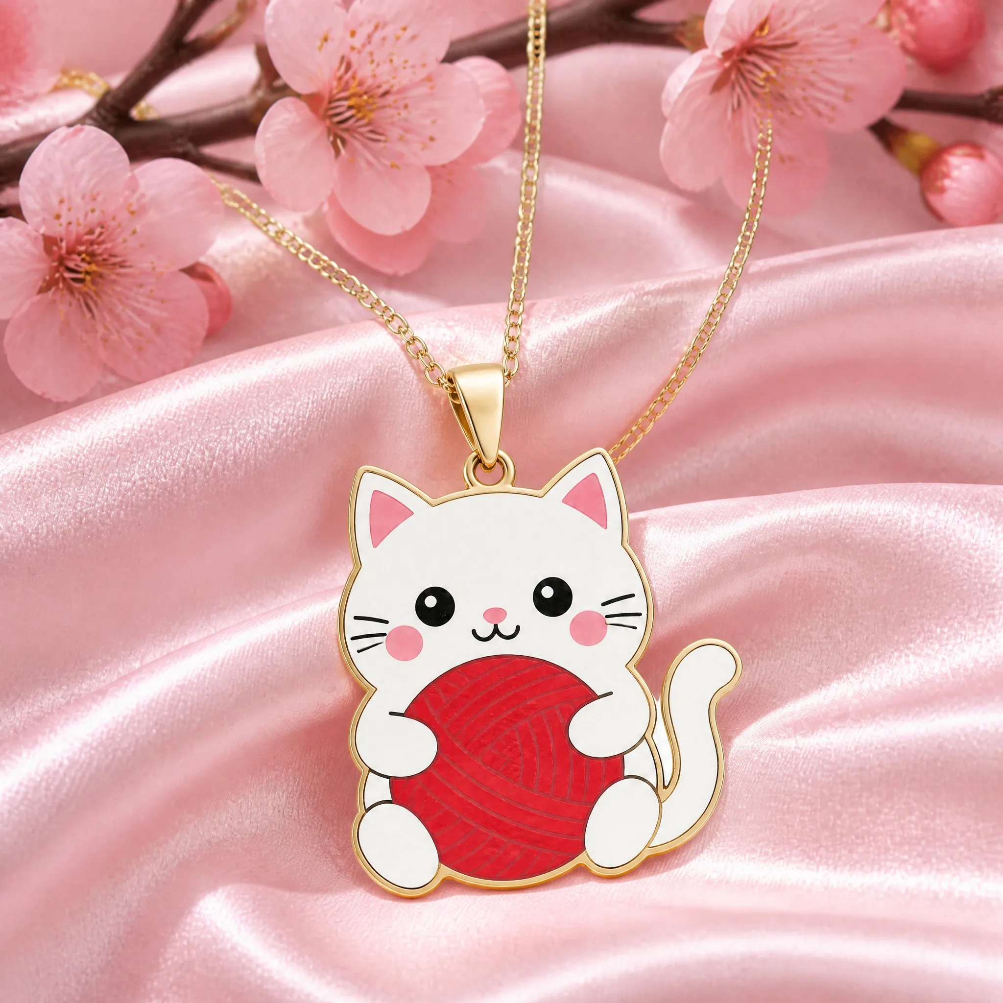 Cat pendant necklace styled on pink satin with cherry blossoms