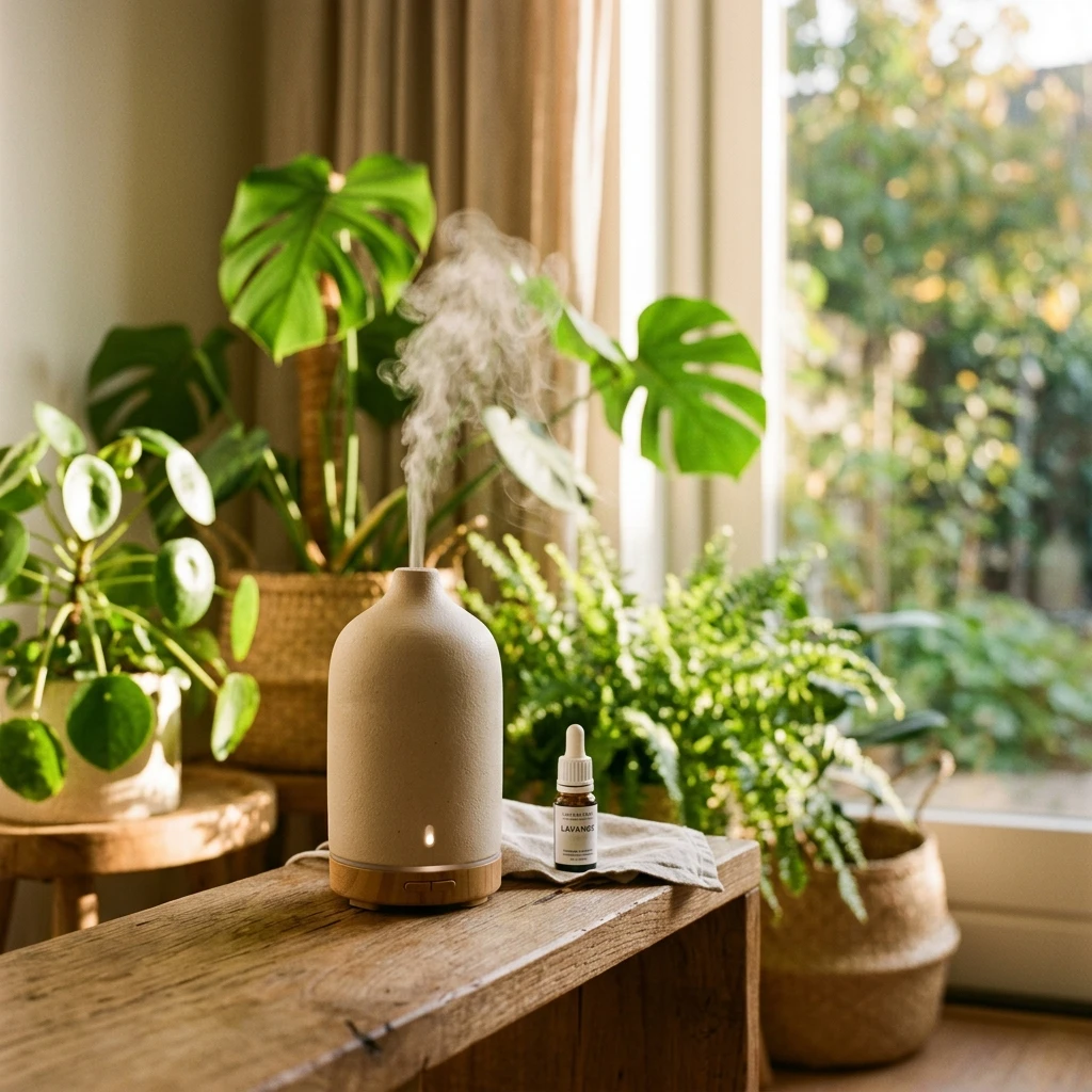 Diffuseur d'huiles essentielles en céramique beige avec brume dans un salon zen
