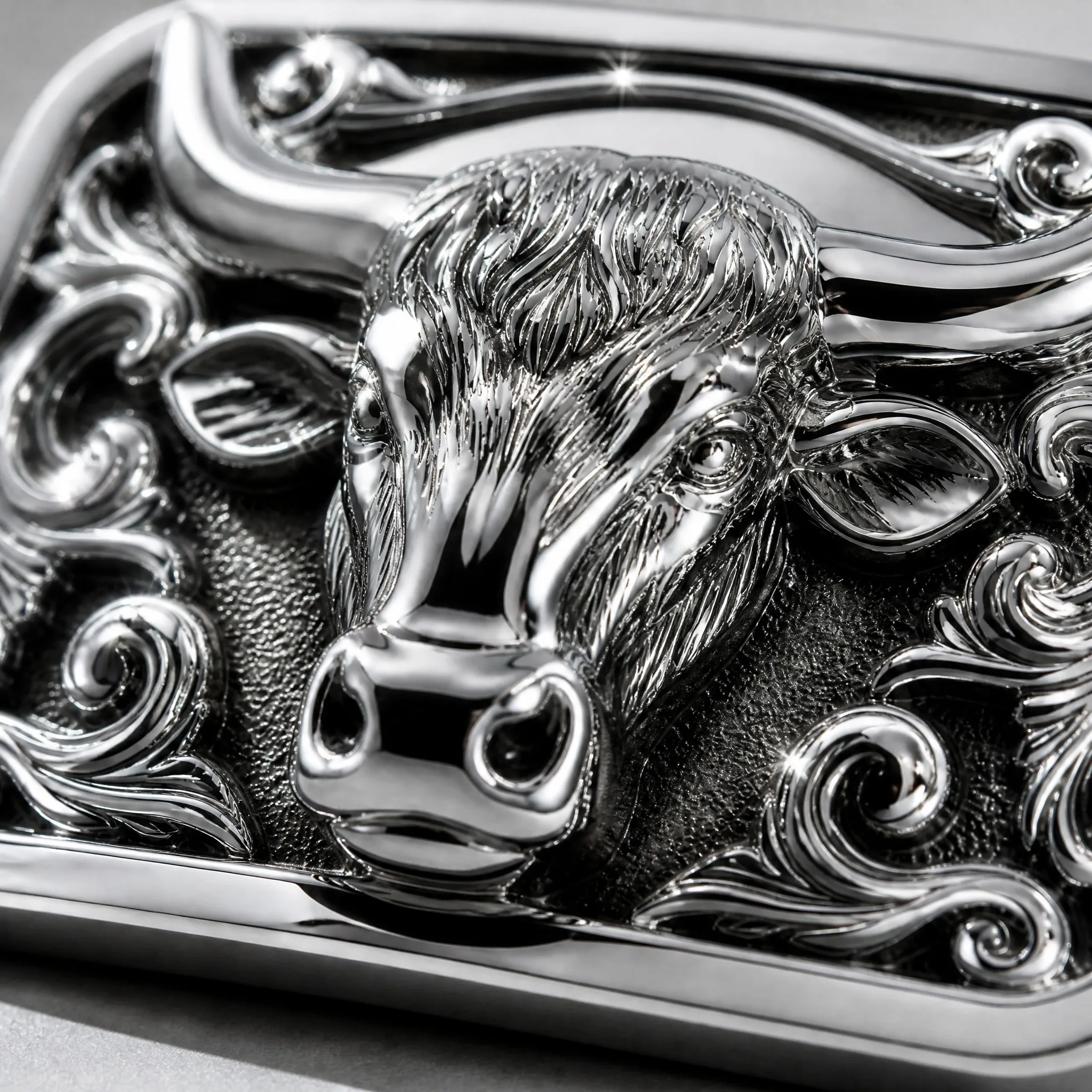 Macro detail of bull head relief and mirror finish