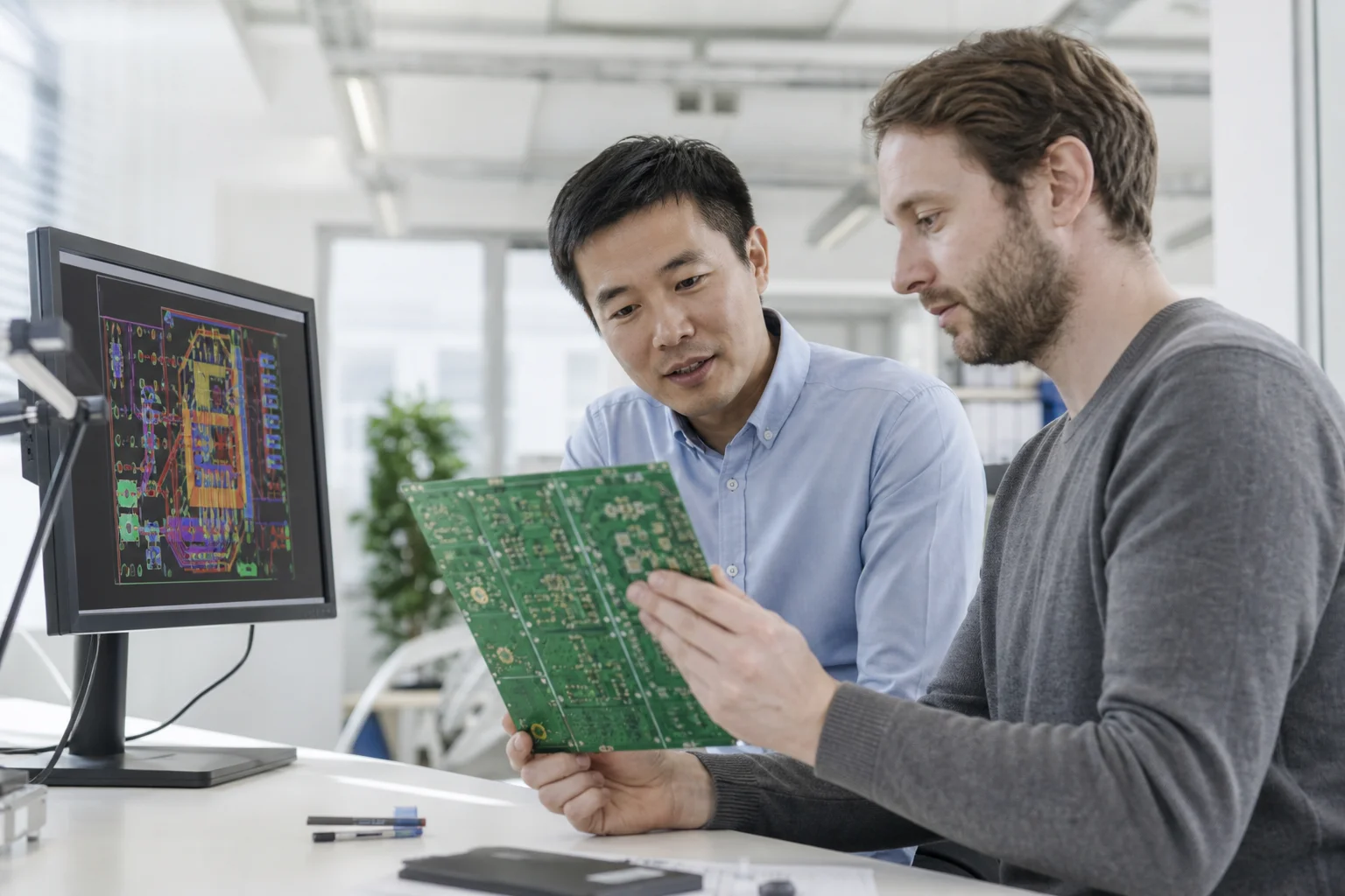 Engineers reviewing a PCB design against its layout