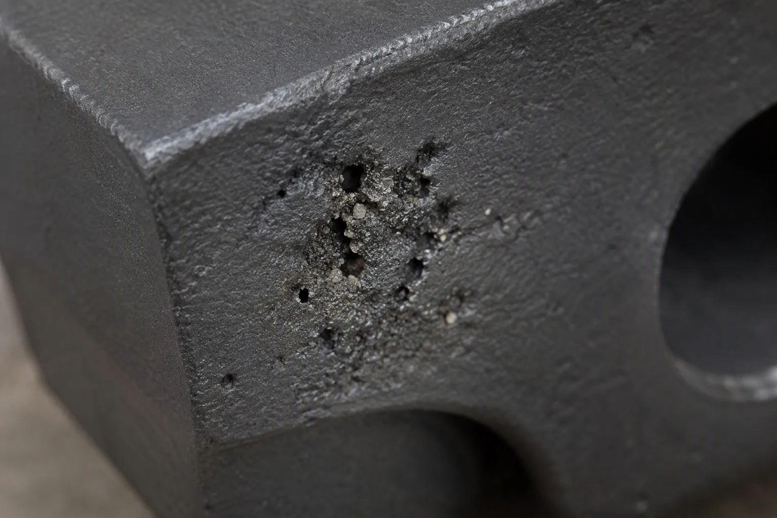 Sand inclusion defect — irregular cavities with embedded sand grains on casting surface