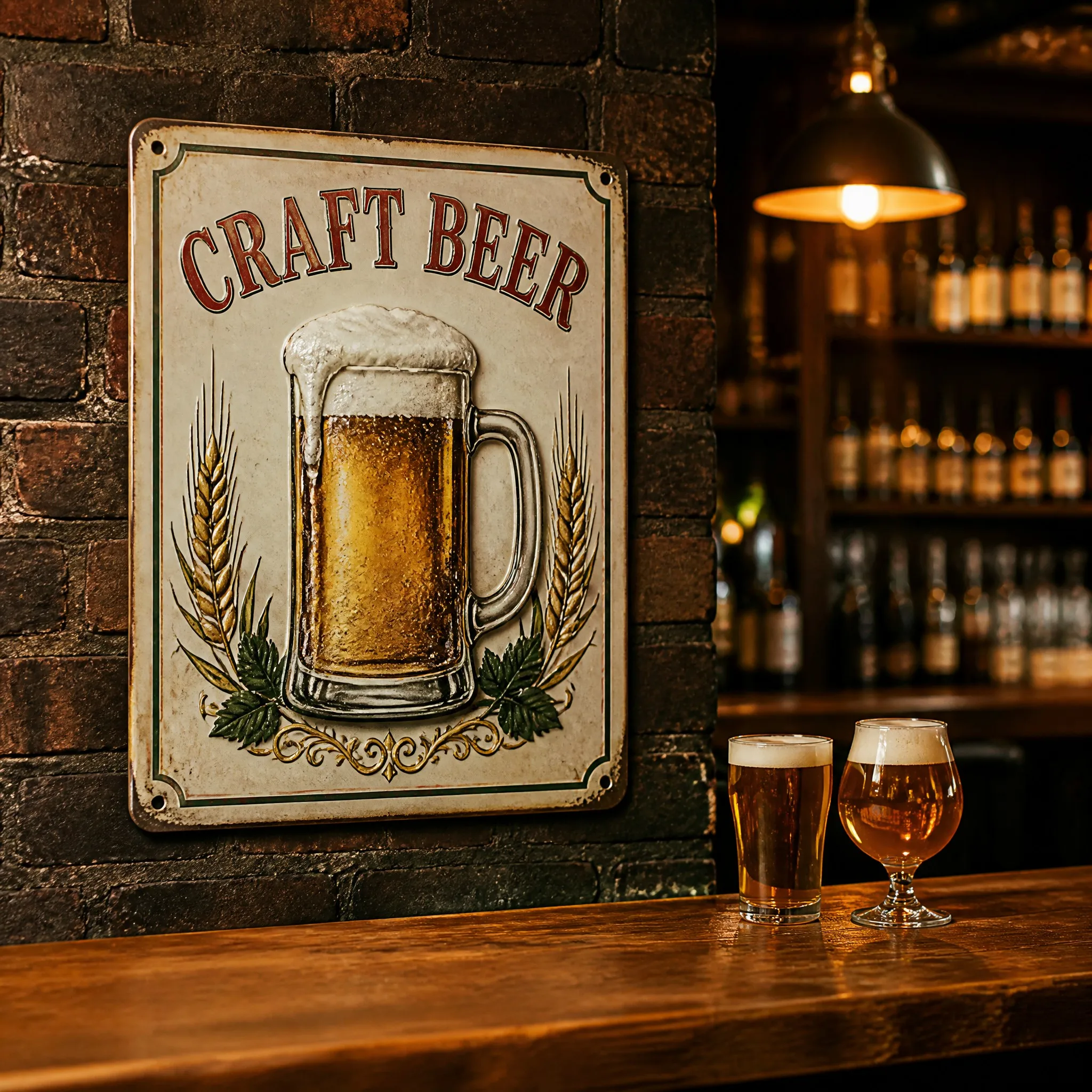 Embossed vintage tin sign hanging on a brick wall in a vintage pub - Lifestyle