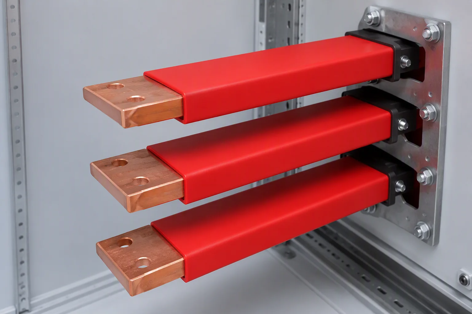 800V busbar insulation with heat shrink tubing on copper busbars