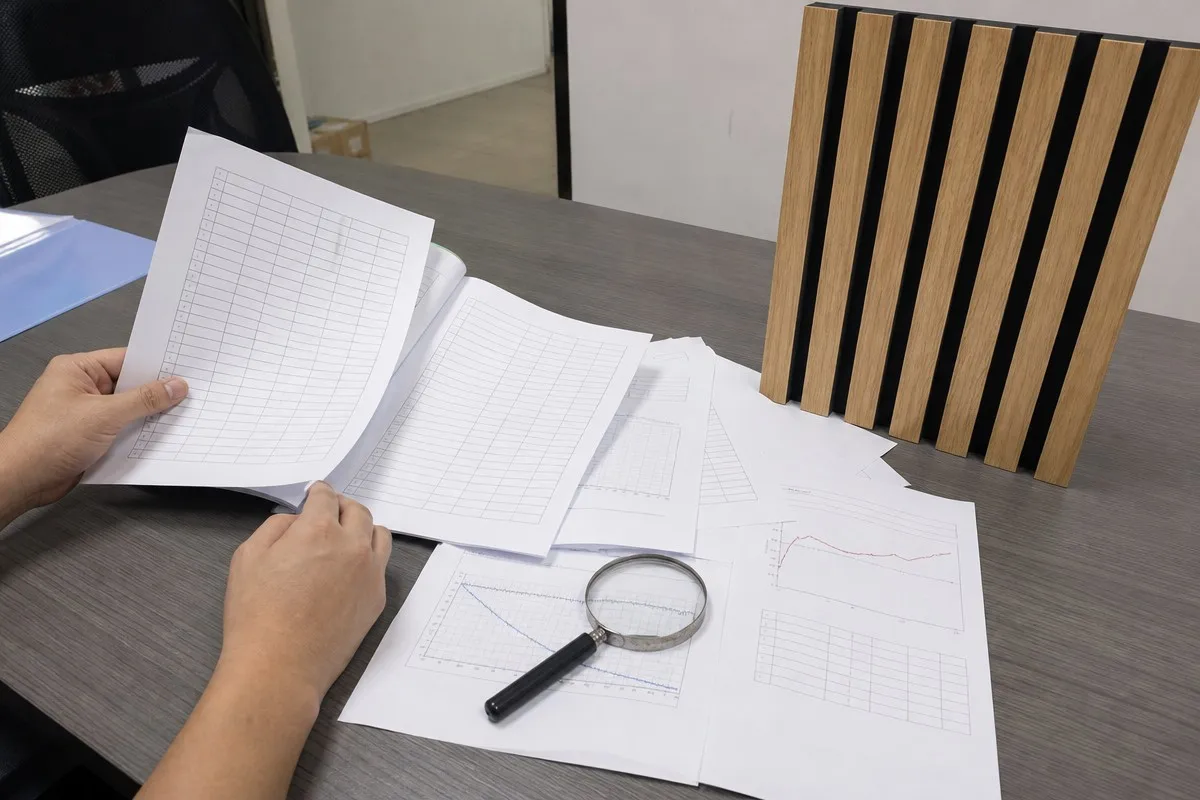 Acoustic panel manufacturer documentation verification for certificates and test reports