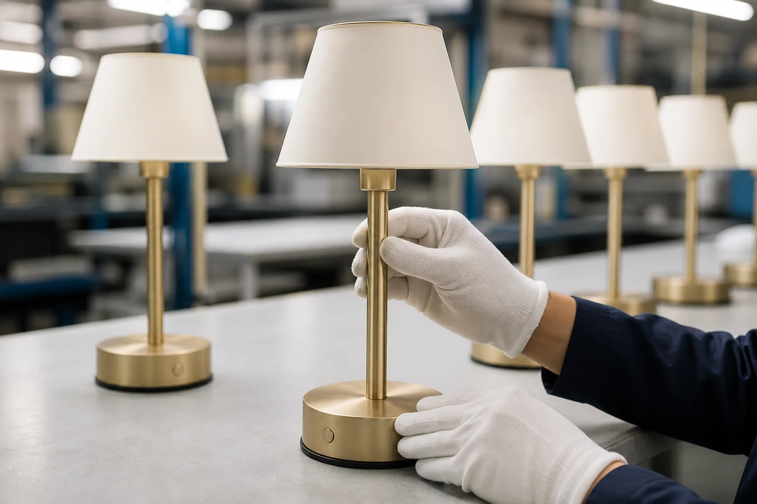 Factory inspection of unbranded cordless table lamps for hospitality projects