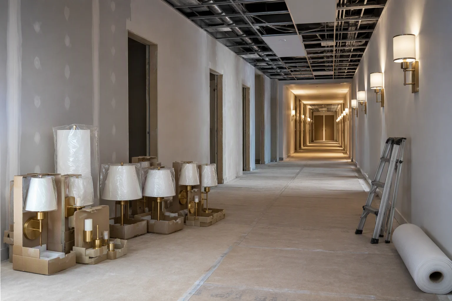 Wall sconces and table lamps staged in protective cradles along a hotel corridor awaiting phased installation