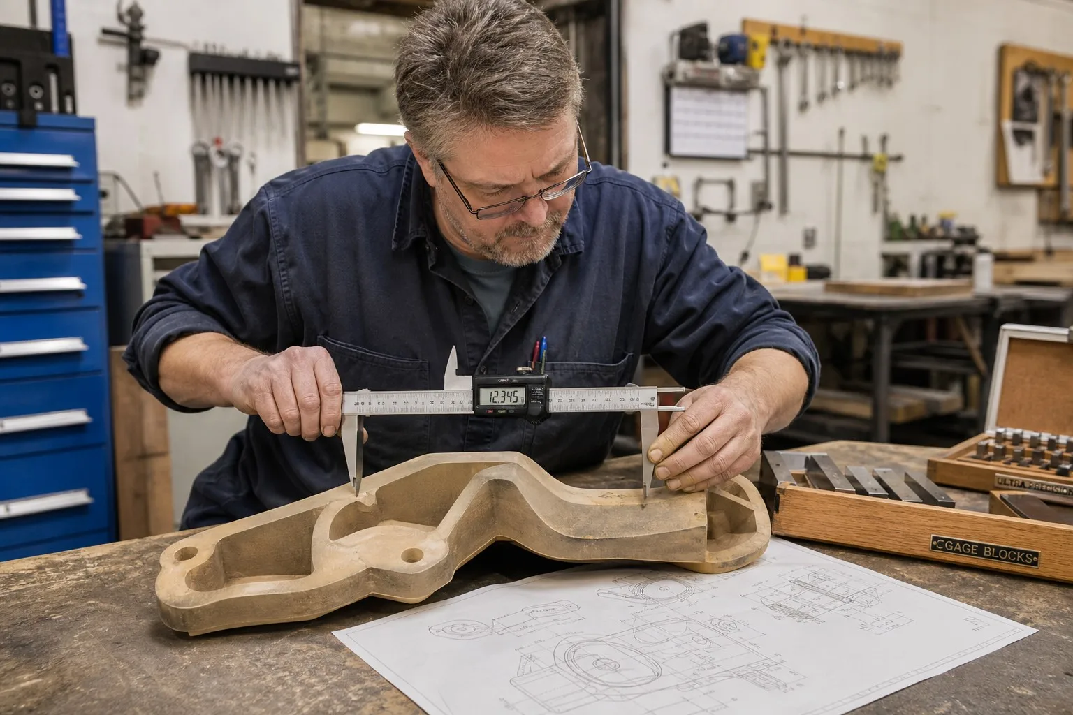 Pattern maker measuring casting pattern with digital caliper against drawing