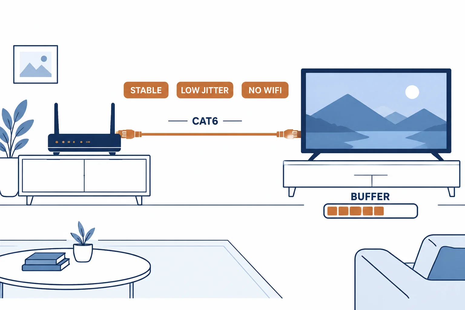 TV and router connected by a Cat6 cable with stable, low jitter and no wifi chips