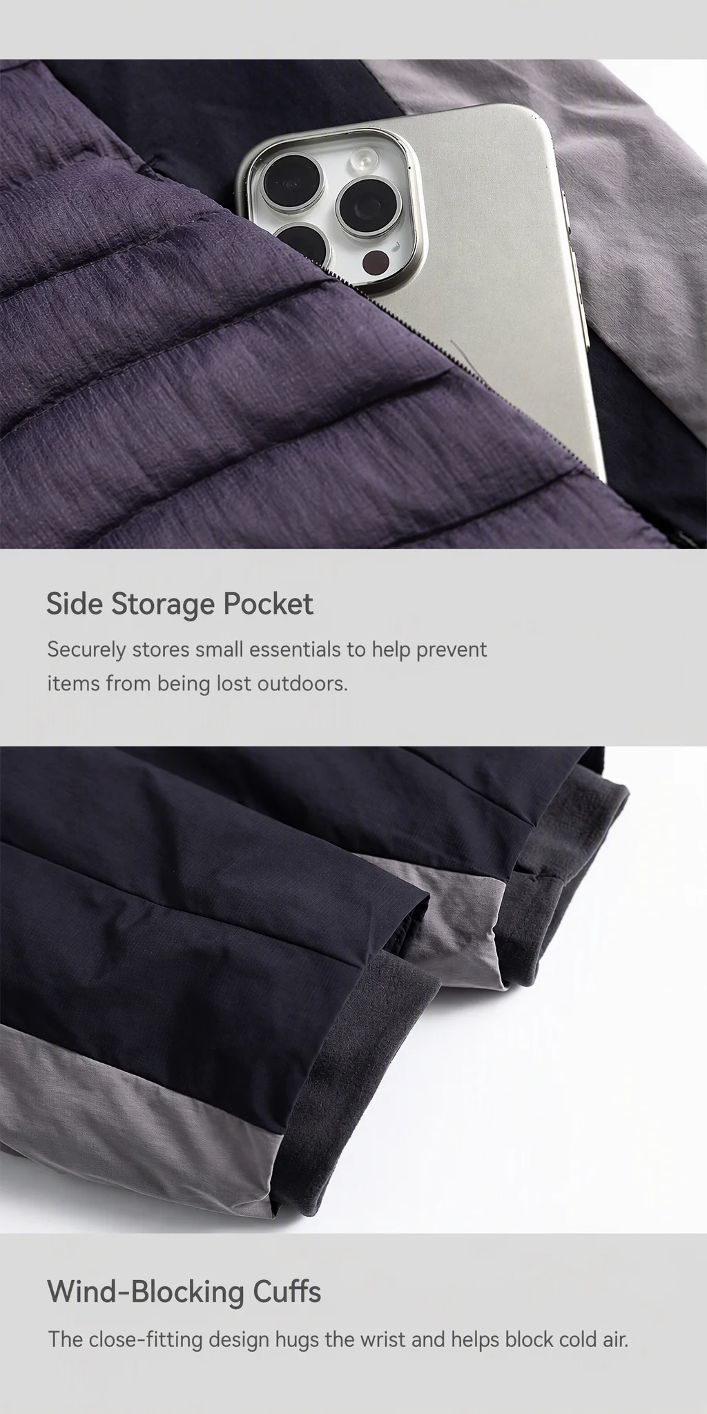 Side storage pocket and wind-blocking cuff details