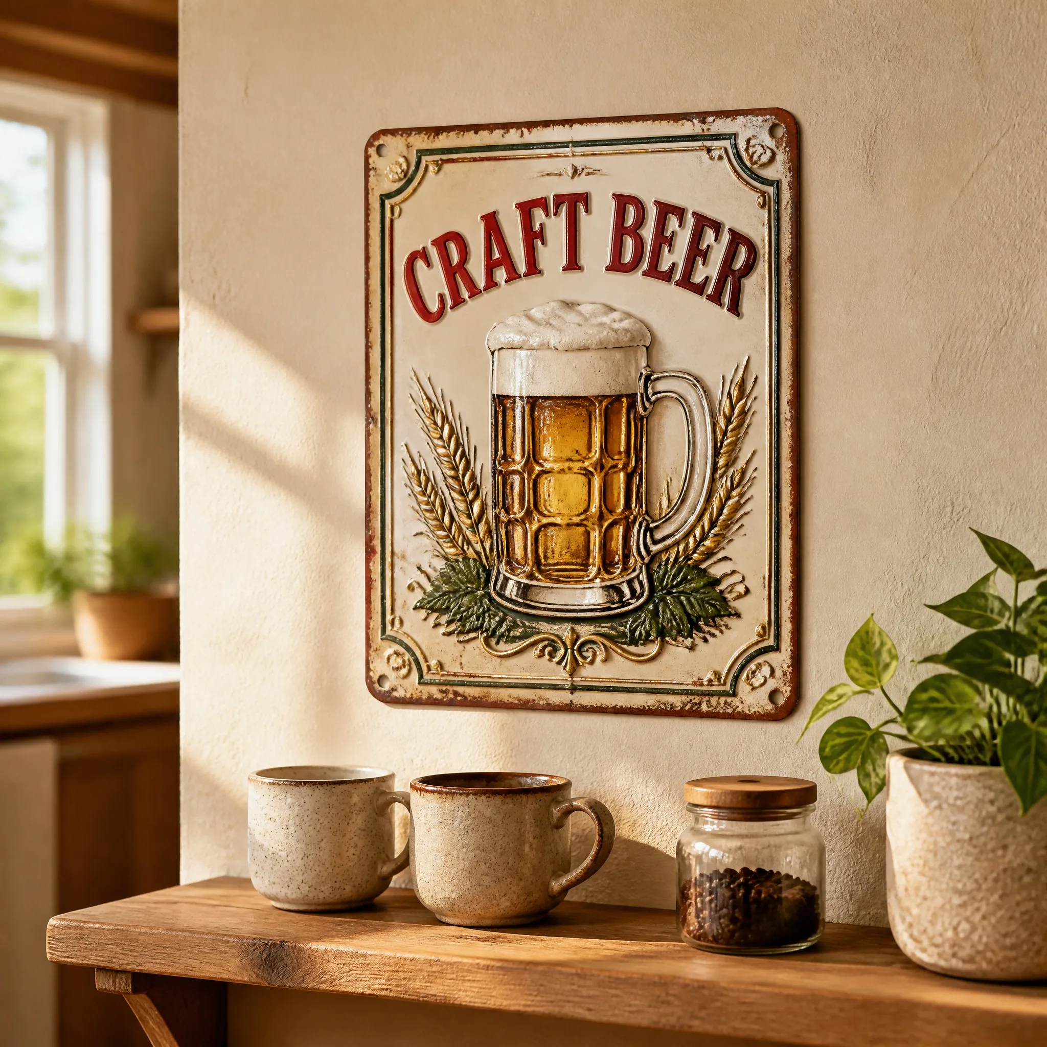 Embossed vintage tin sign in a rustic farmhouse kitchen coffee corner - Lifestyle