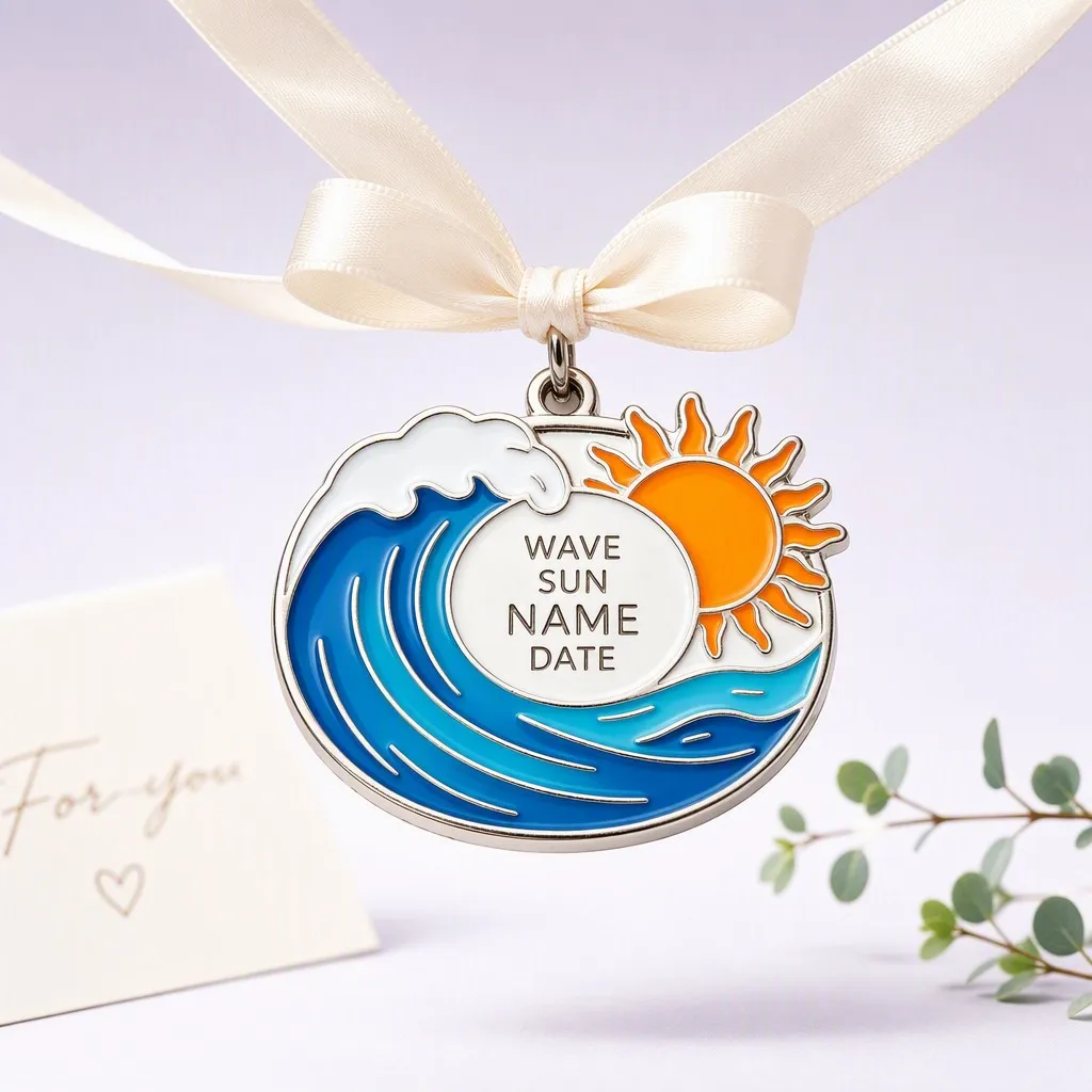 Round dog tag with wave and sun pattern