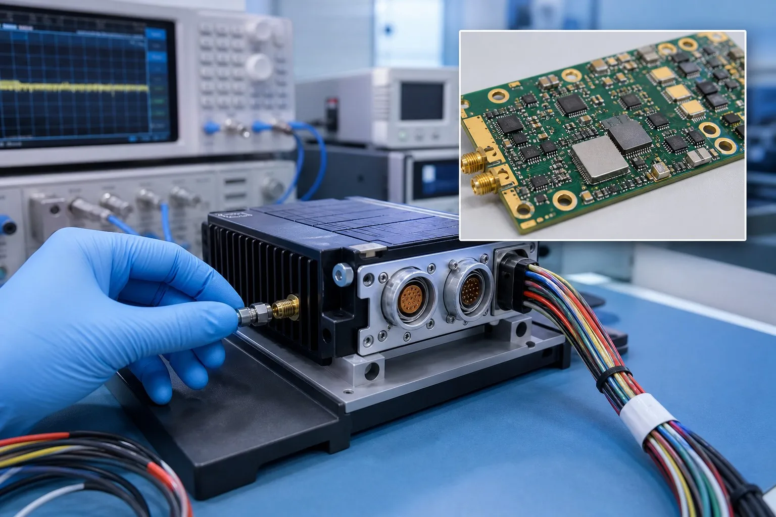 Communication module being tested in an electronics lab