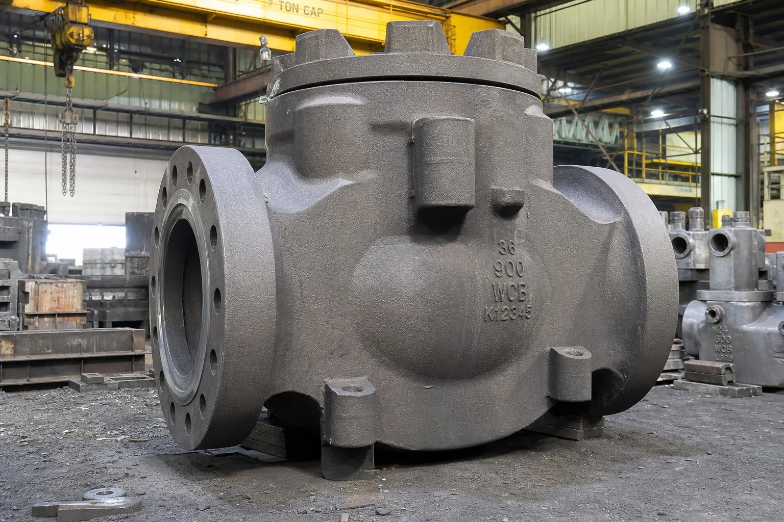 Large valve body casting in as-cast condition on foundry floor