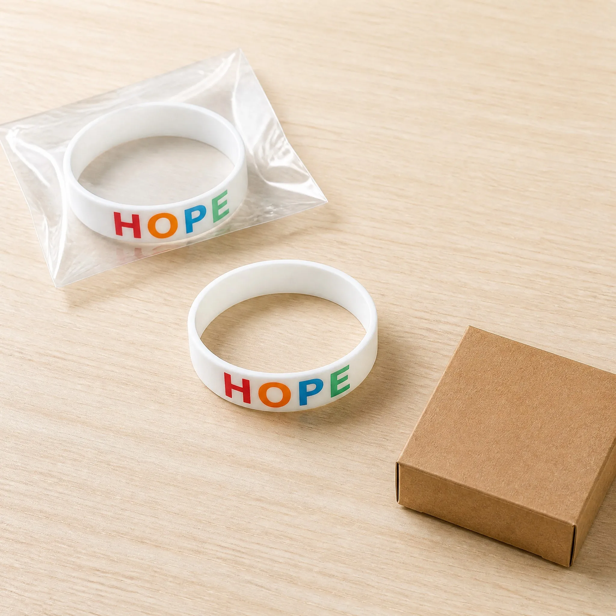CMYK printed silicone bracelet in OPP pouch and kraft box packaging