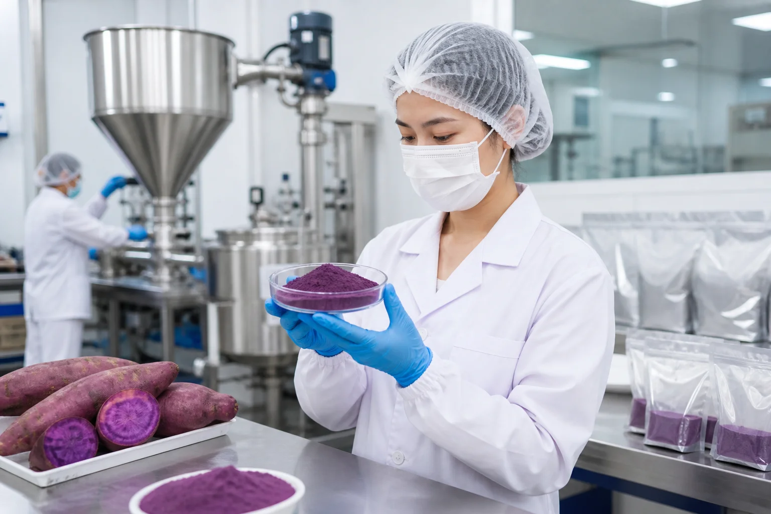 Illustrative purple sweet potato powder quality inspection in food facility