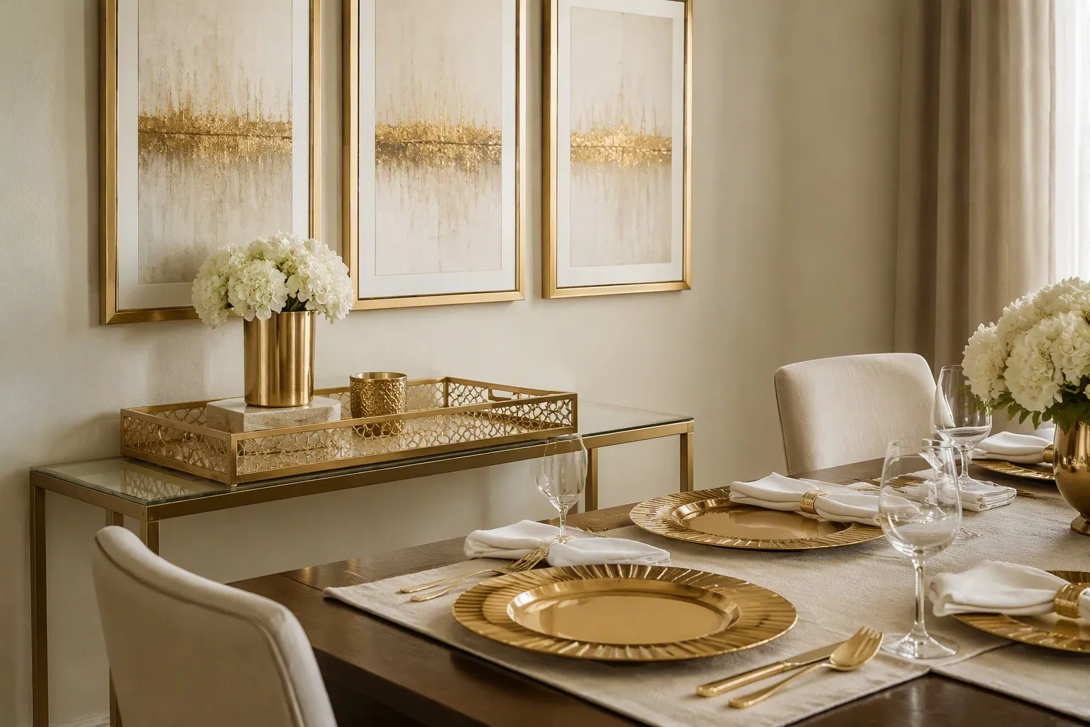 Cohesive home décor vignette with gold charger plates tray and coordinated wall décor