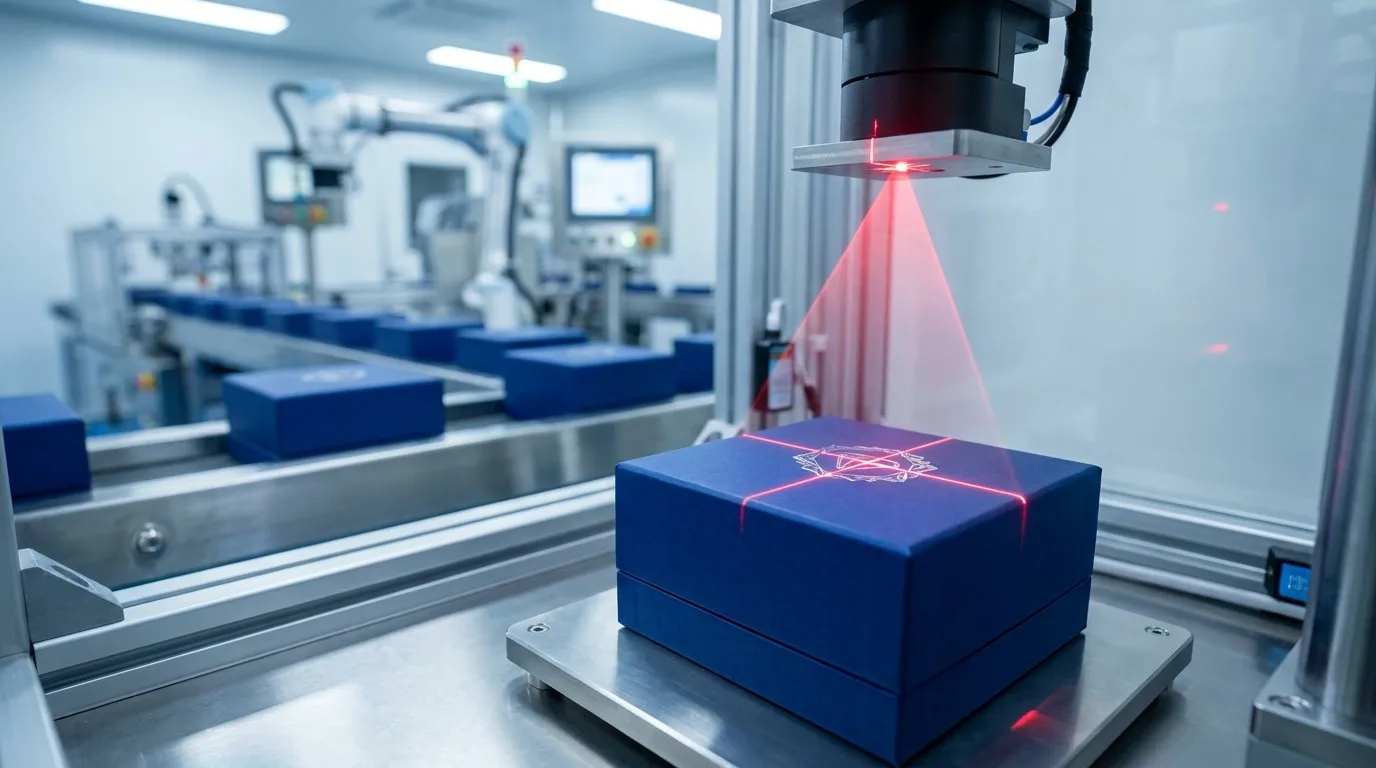 Close-up of a laser-guided QC station checking logo alignment on a royal blue jewelry box.
