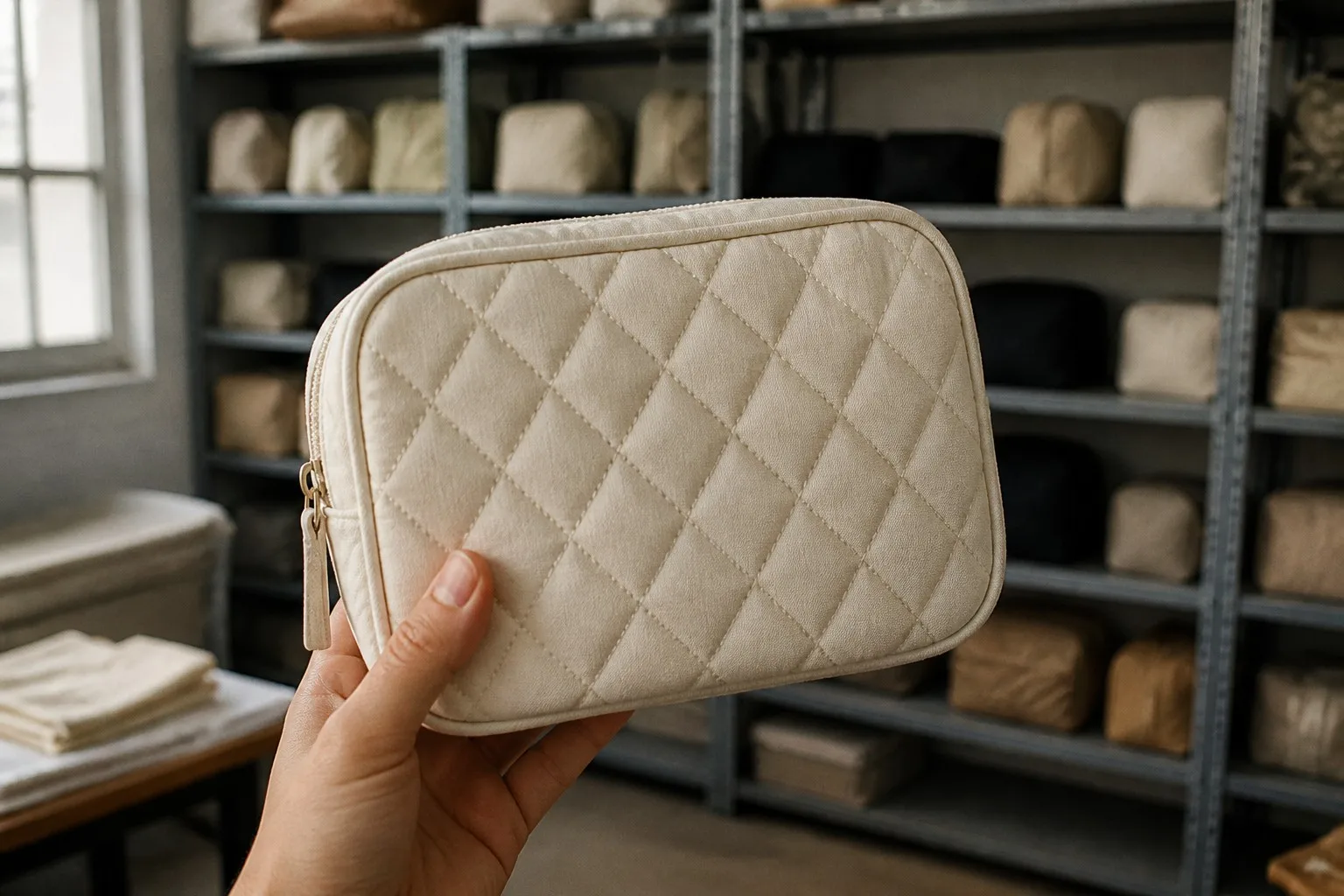 Hand holding a cream quilted cosmetic bag sample in a factory sample room