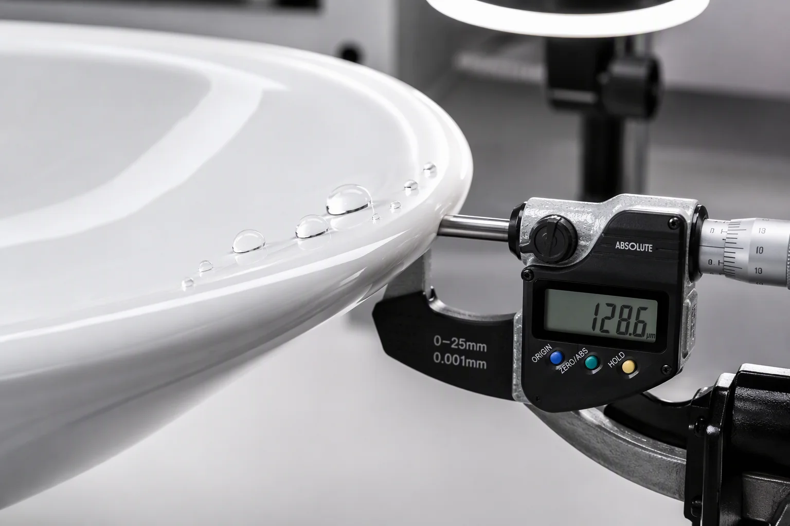 Macro photography of smooth vitreous china ceramic basin surface with flawless nano-glaze and water beading