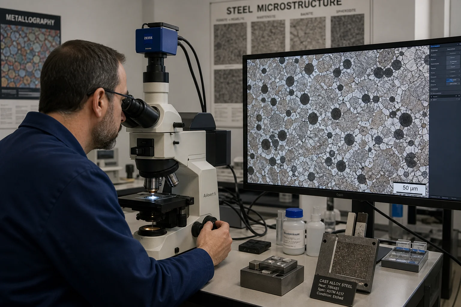 Metallurgical engineer analyzing microstructural grain boundary phase distribution on microscope