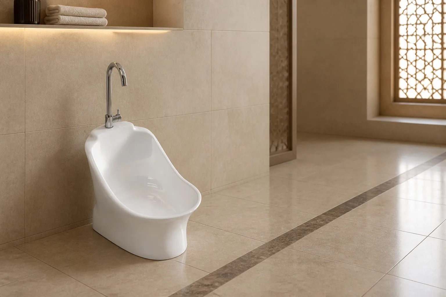 Low oval white ceramic wudu basin in a mosque washroom with beige tiles
