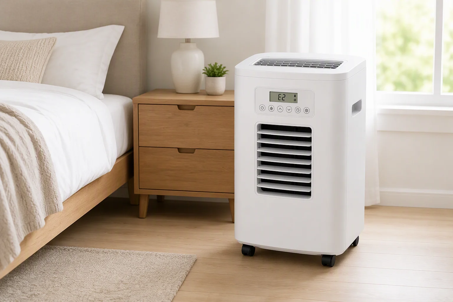 Household portable air conditioner standing beside a bed in a bright bedroom