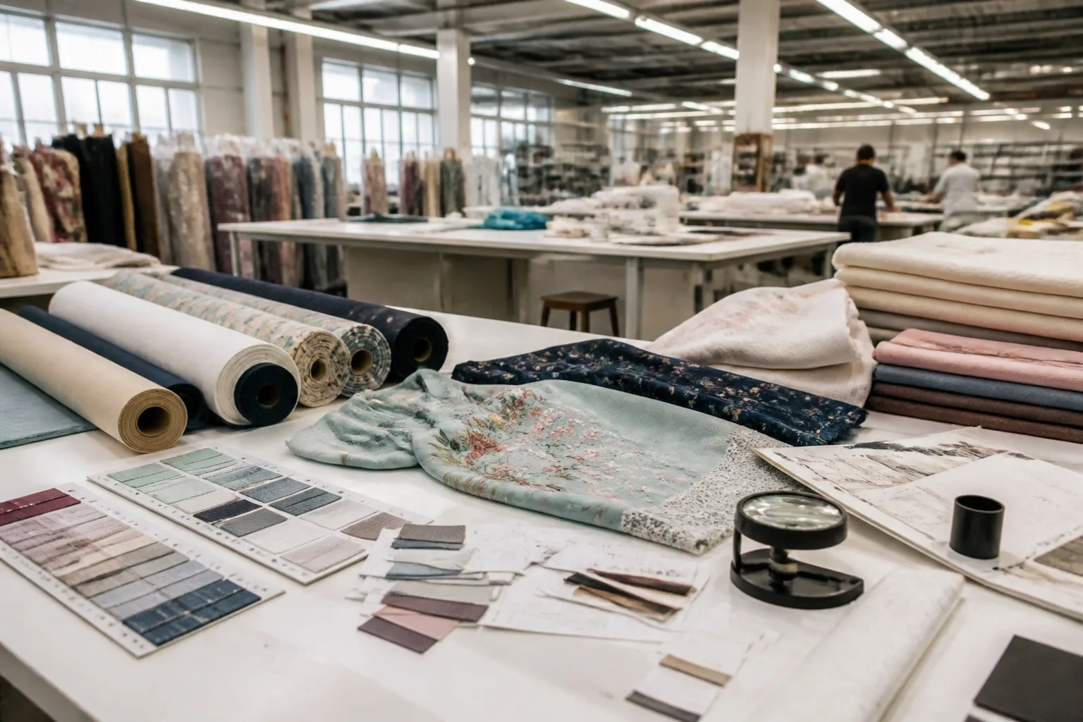 Textile factory sample development and review workspace