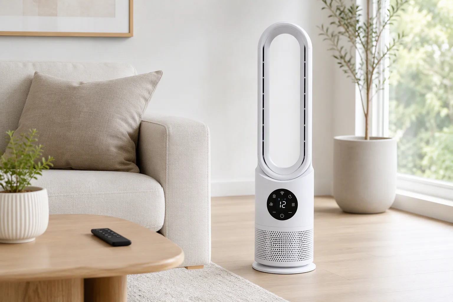 Bladeless tower fan beside a sofa in a bright modern living room