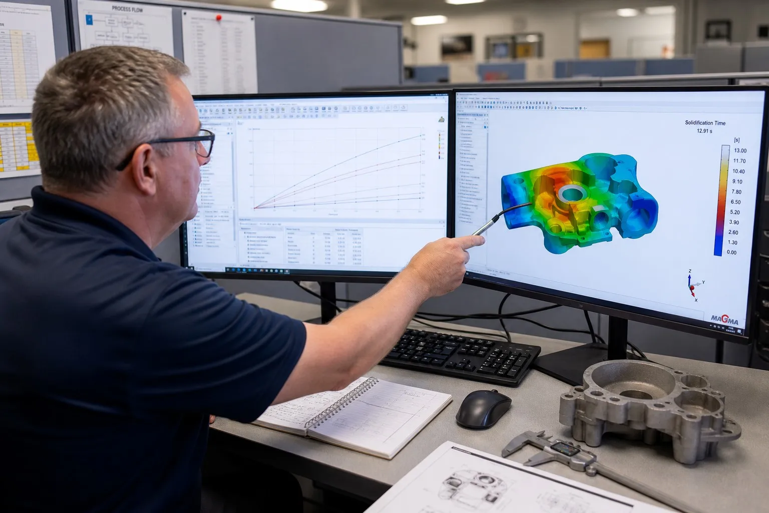 Foundry engineer analyzing simulation results at dual-monitor workstation