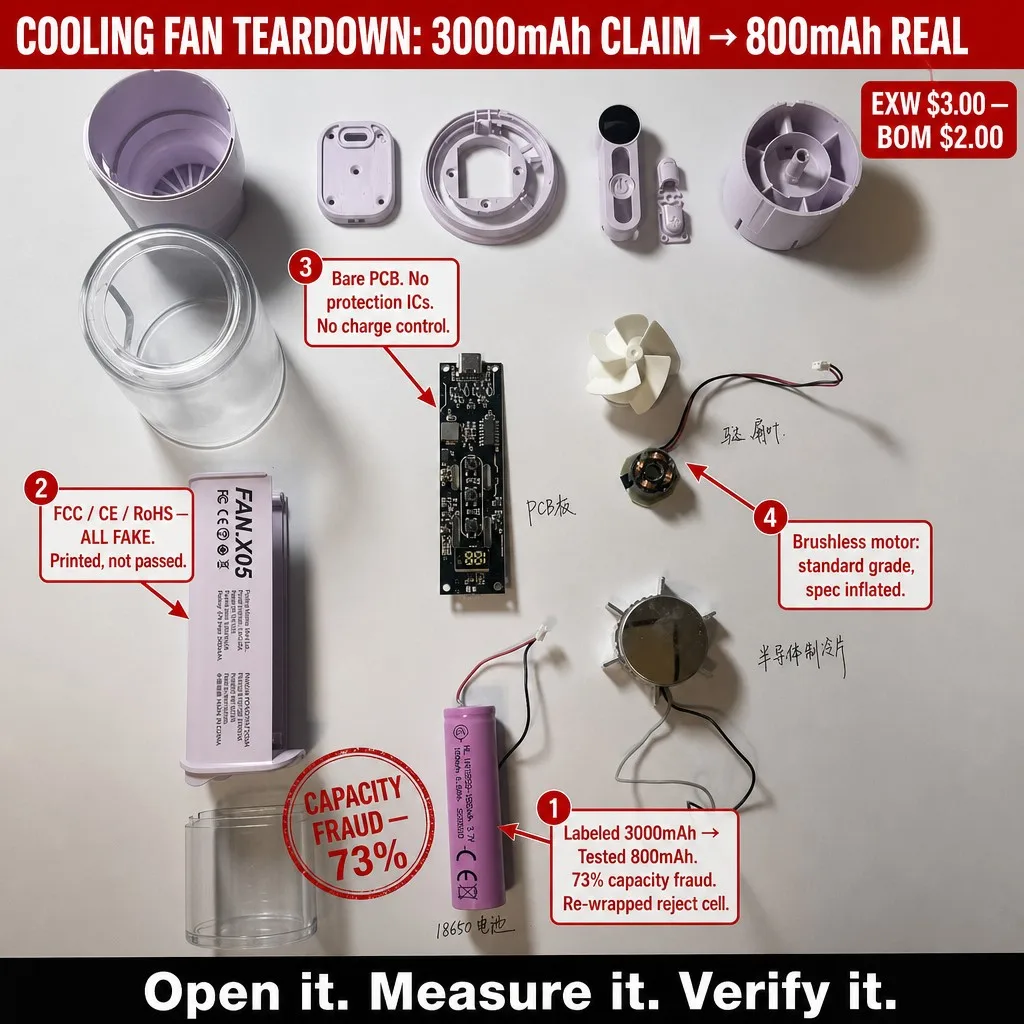 Cooling fan teardown — 3000mAh claim vs 800mAh actual battery capacity