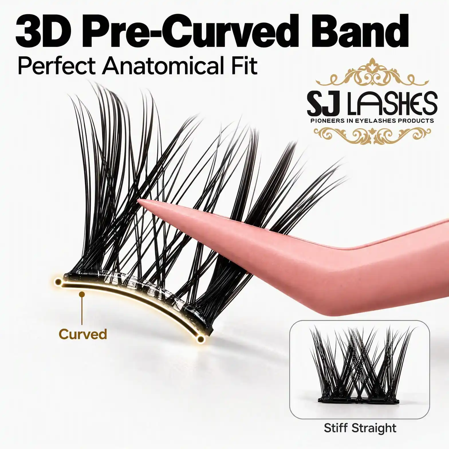 3D pre-curved band versus stiff straight band close-up comparison, curved band held in pink tweezers with the curve highlighted - pre-curved band lash cluster detail