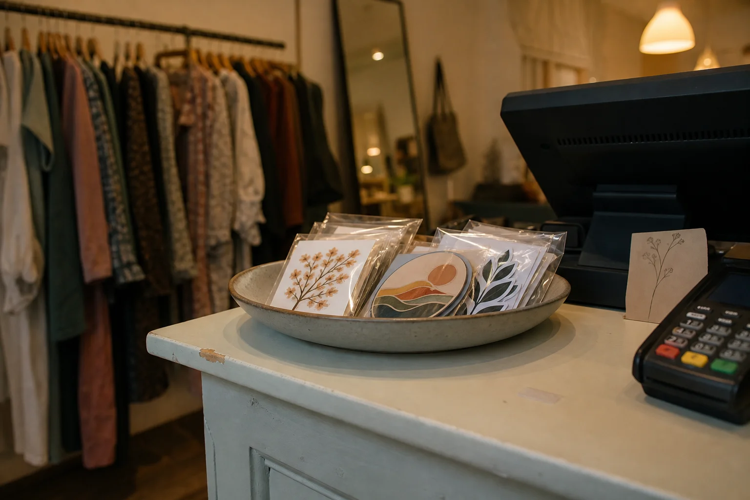 Sticker packs in a dish at a boutique counter