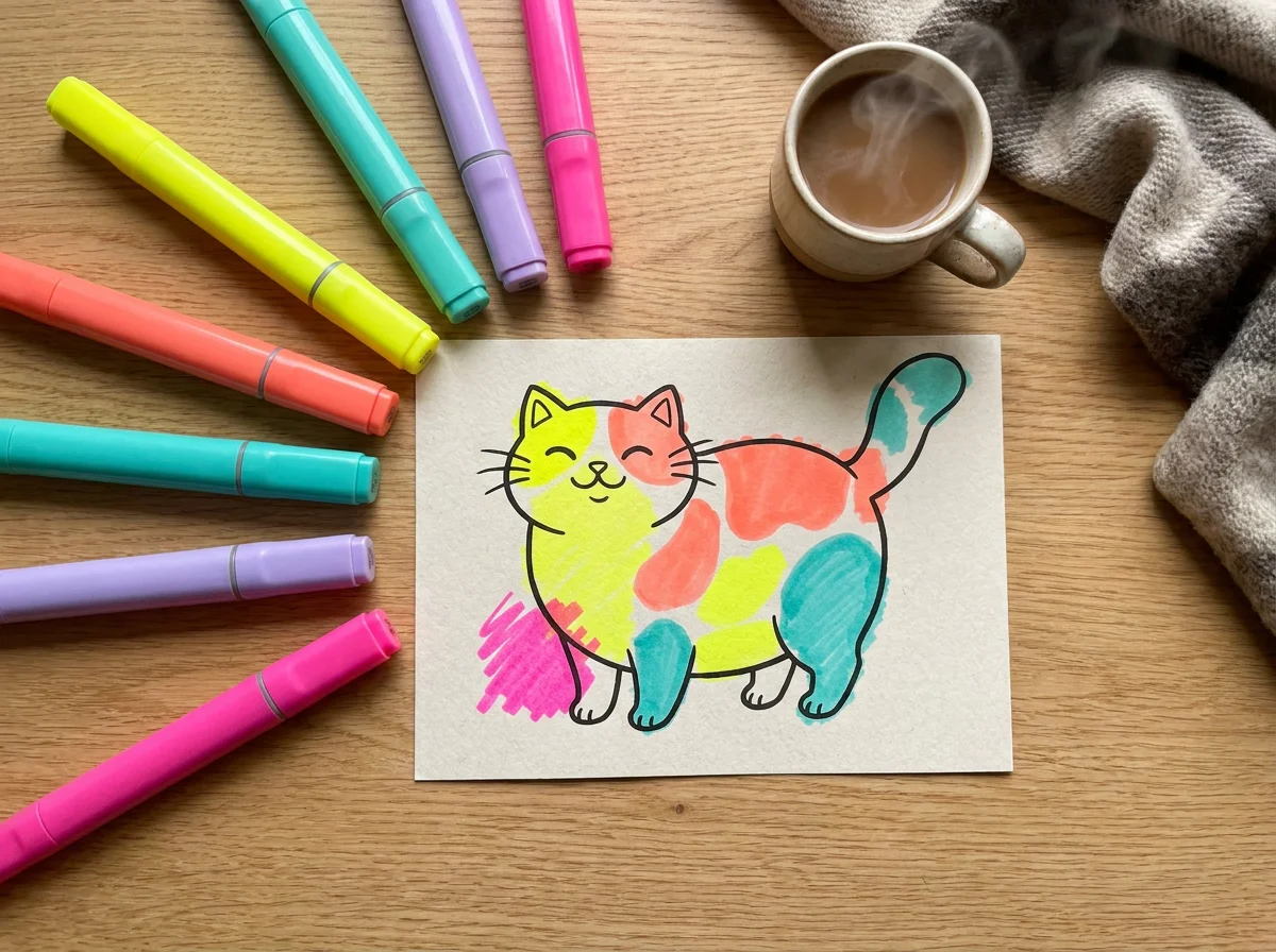 Overhead flat lay of colorful alcohol markers and a cute chubby cat illustration