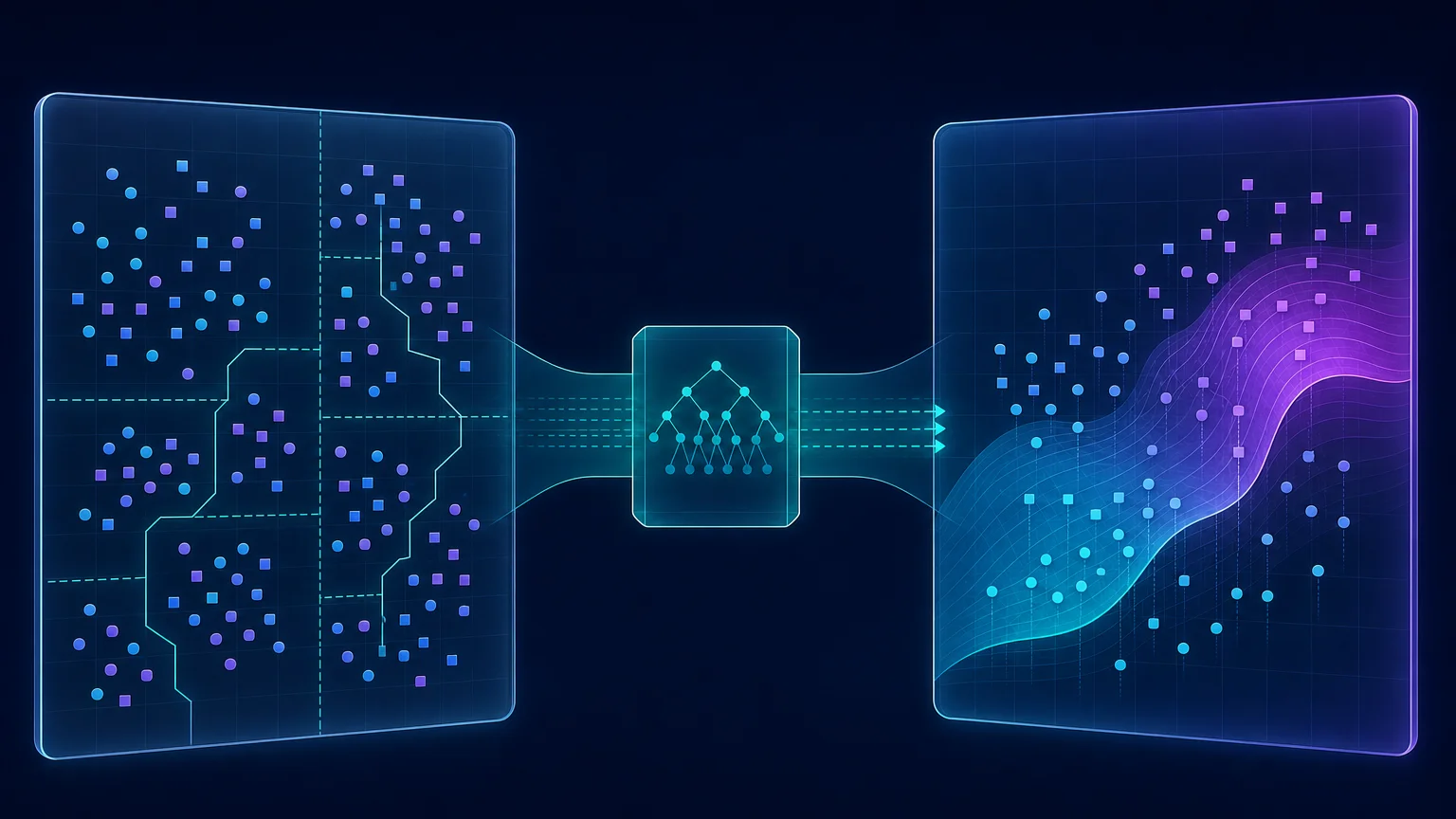 Abstract visualization of honest causal forest estimation and cross-fitting