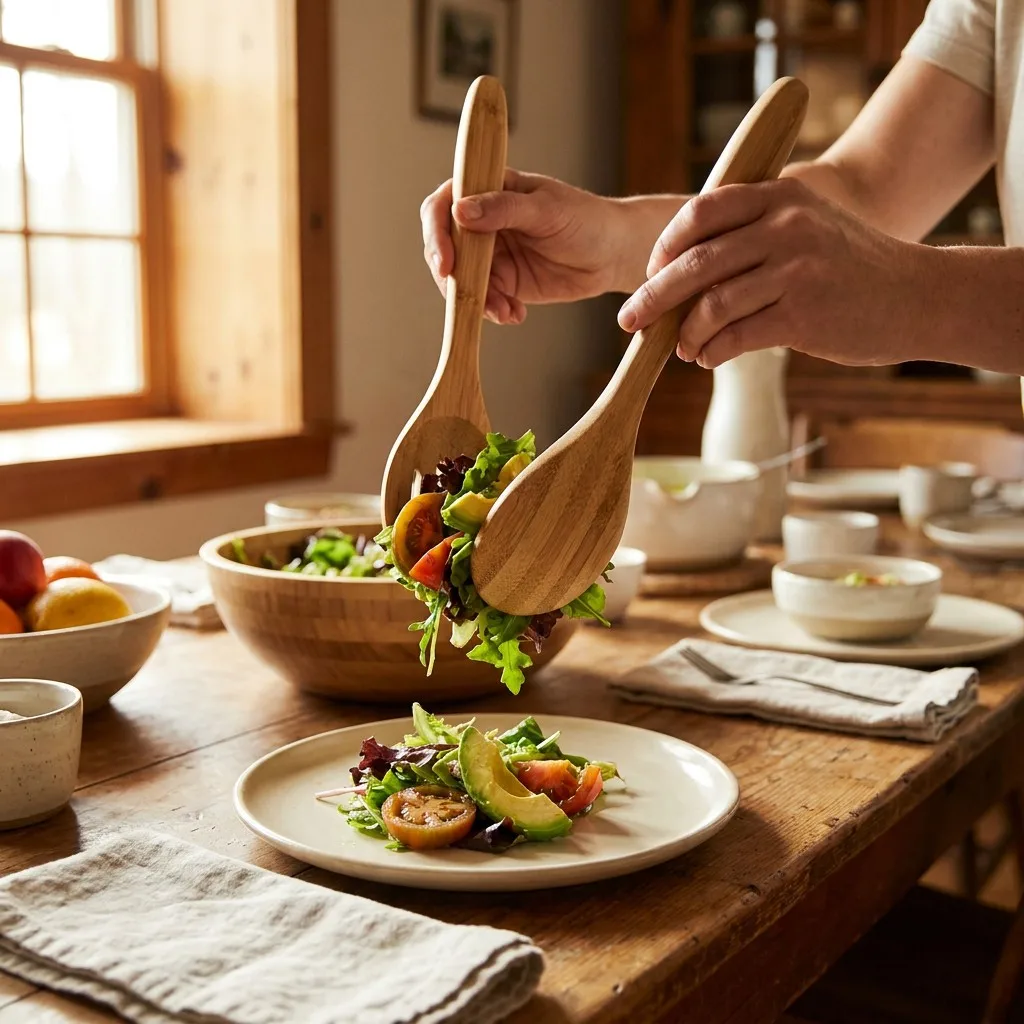 Person serving fresh salad with modern bamboo salad hands at dining table - ergonomic natural bamboo servers